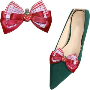 2 Pcs Christmas Bow Shoe Clips Detachable Red Strawberry Lace Shoe Accessories Cute High Heels Decoration for Women Girls