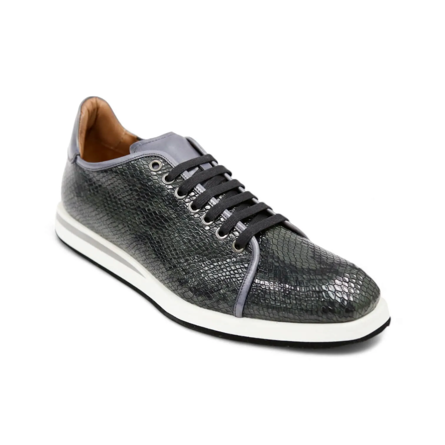 Ambrogio Men's Shoes Gray Snake-Print Leather Casual Sneakers (AMZ1007)