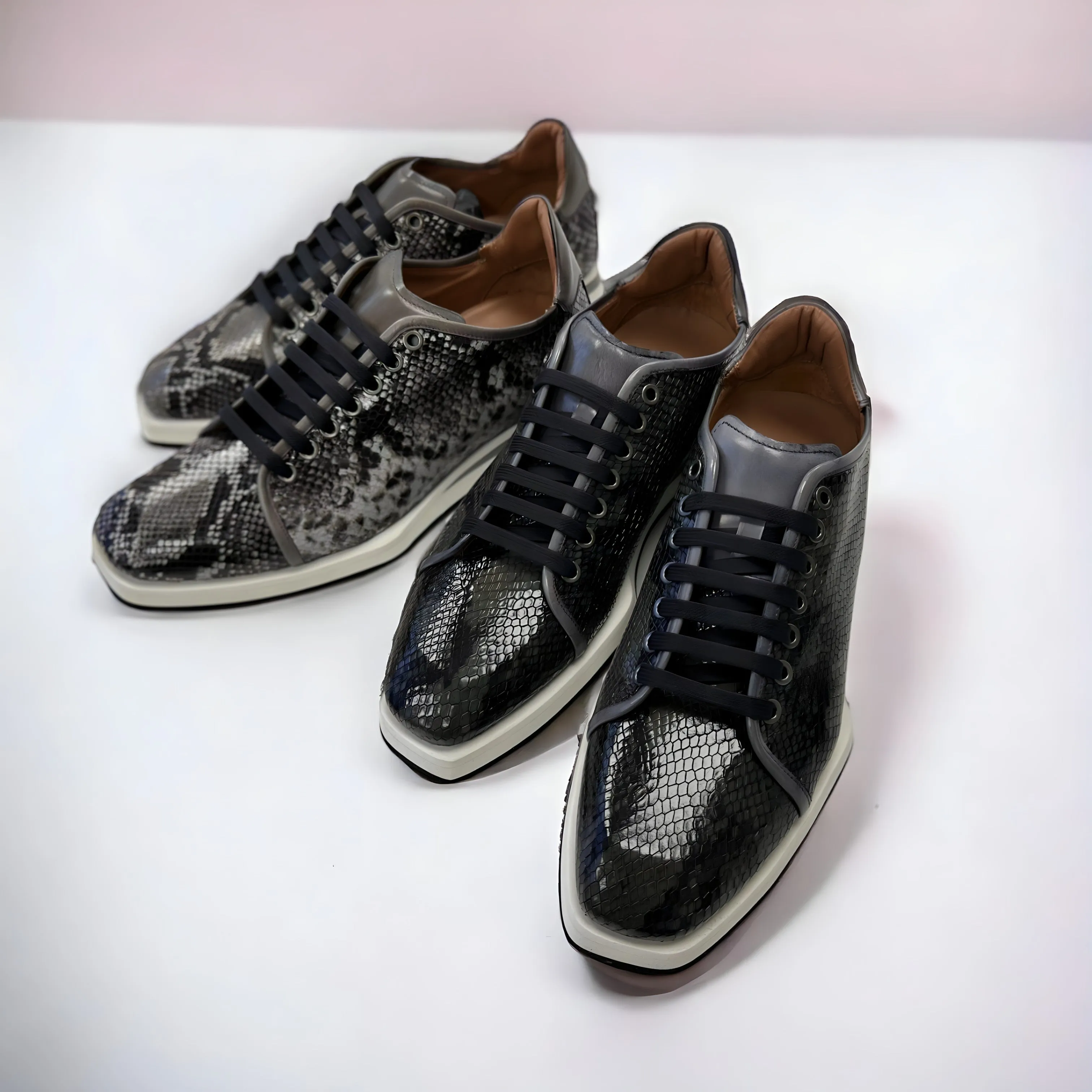 Ambrogio Men's Shoes Gray Snake-Print Leather Casual Sneakers (AMZ1007)