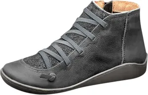 Ankle Boots for Women Arch Support Low Heel Booties Fashion Lace Up Zipper Boots Vintage Leather Short Booties