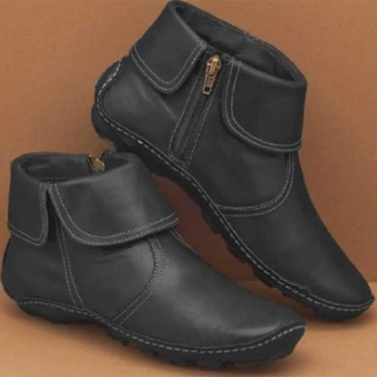 Ankle Boots for Women Black Booties No Heel Womens Hiking Boots Wide Width Work Boot Shoe Laces Men Soft Sole Fashion Slip on Pointed Toe Chunky Stacked Heel