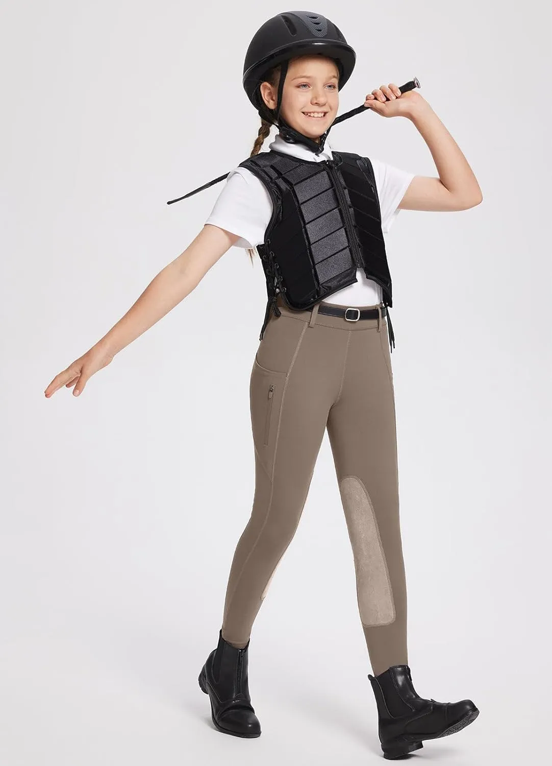 baleaf Girls Riding Pants Kids Equestrian Breeches Knee-Patch Zip Pocket Horseback Tights