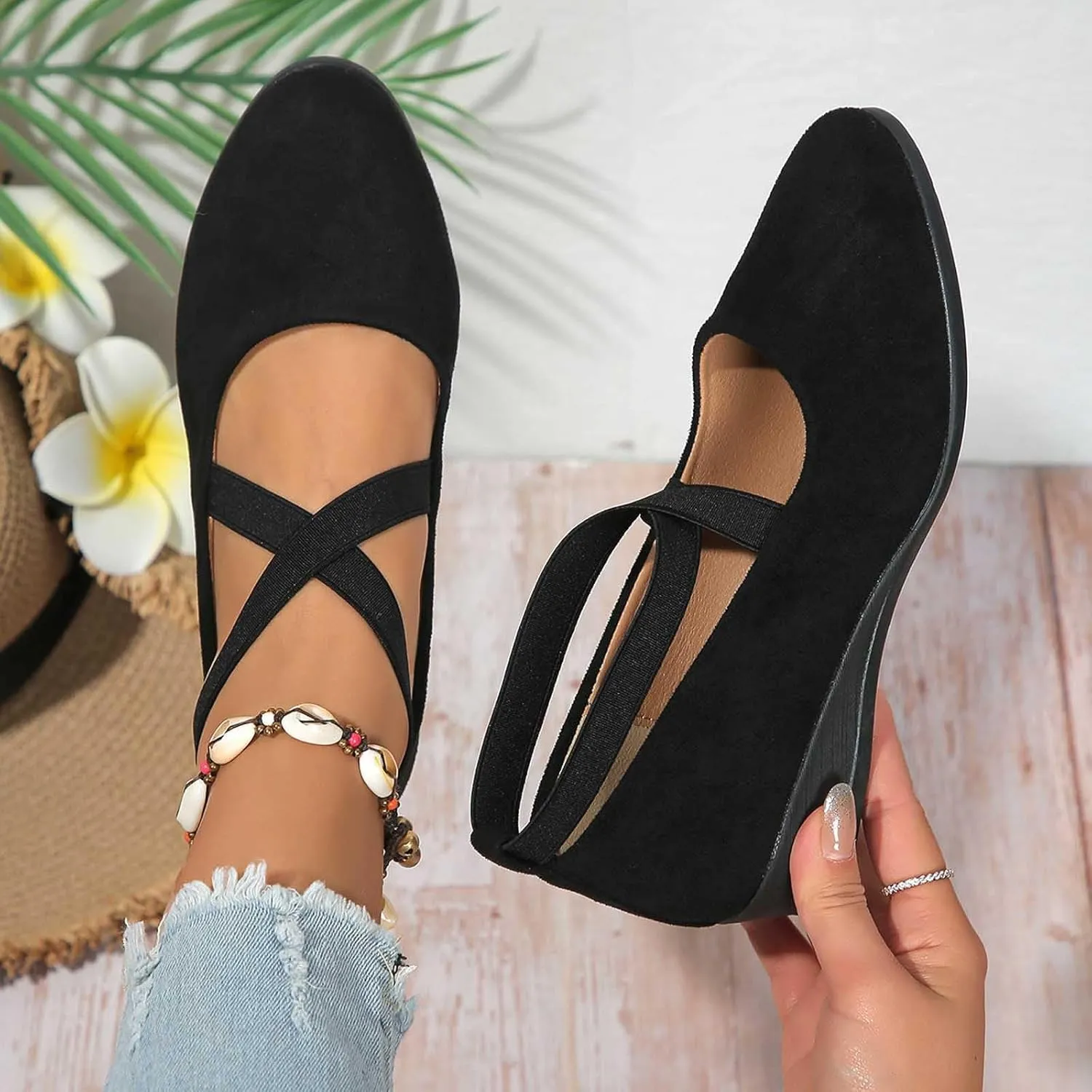 Ballet Flats Shoes For Women With Strap Around Ankle Shoes Slip On Dressy Comfortable Round Toe Strap Ballerina