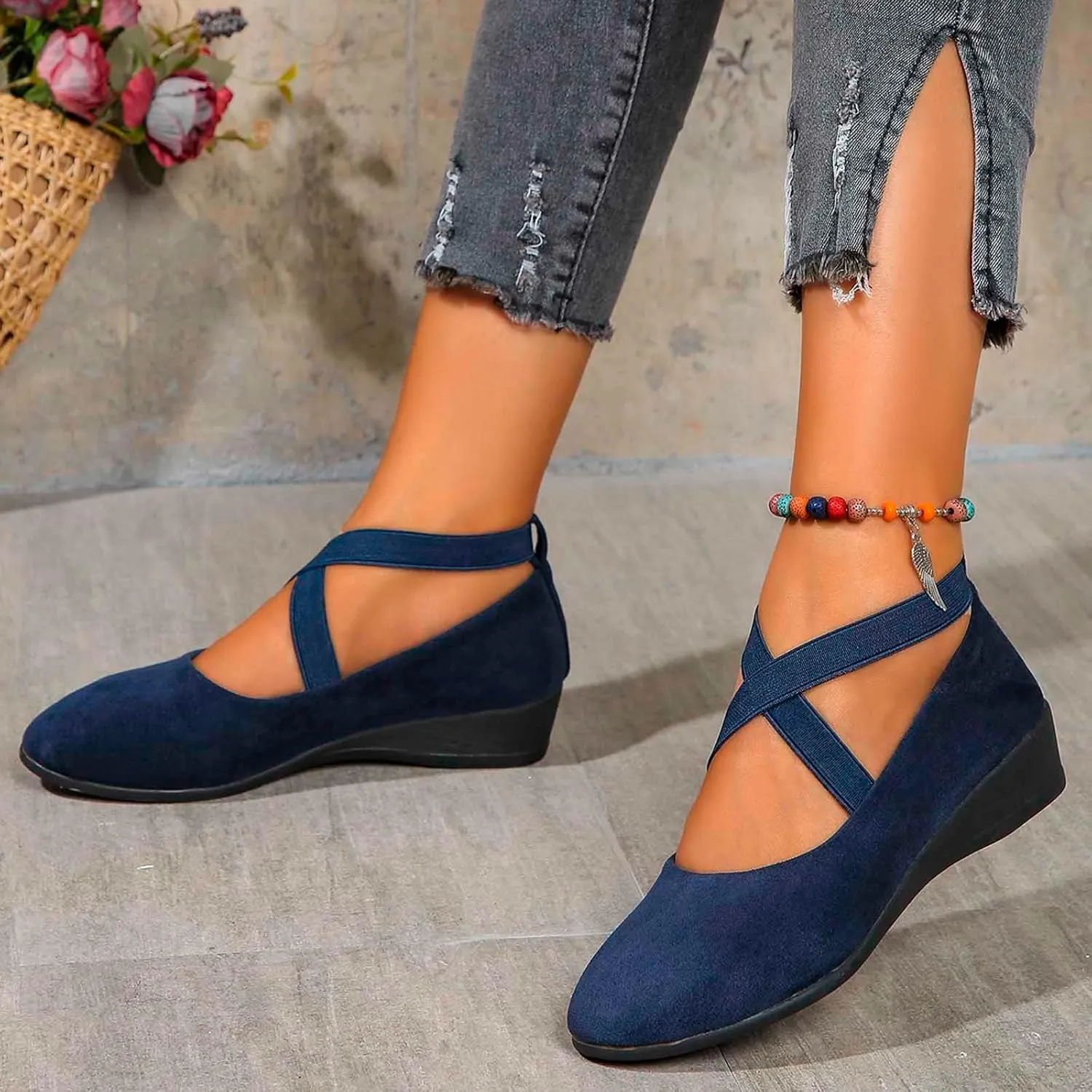 Ballet Flats Shoes For Women With Strap Around Ankle Shoes Slip On Dressy Comfortable Round Toe Strap Ballerina