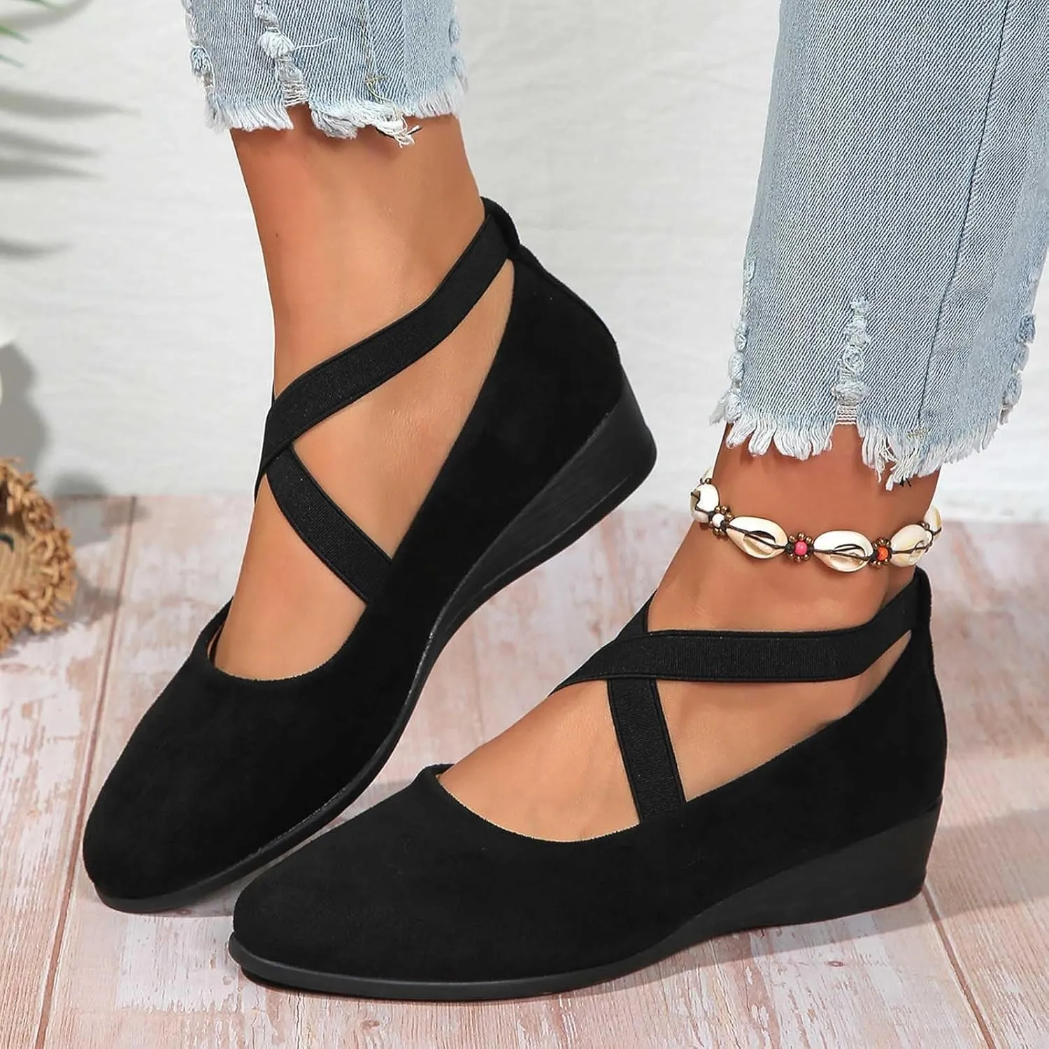Ballet Flats Shoes For Women With Strap Around Ankle Shoes Slip On Dressy Comfortable Round Toe Strap Ballerina