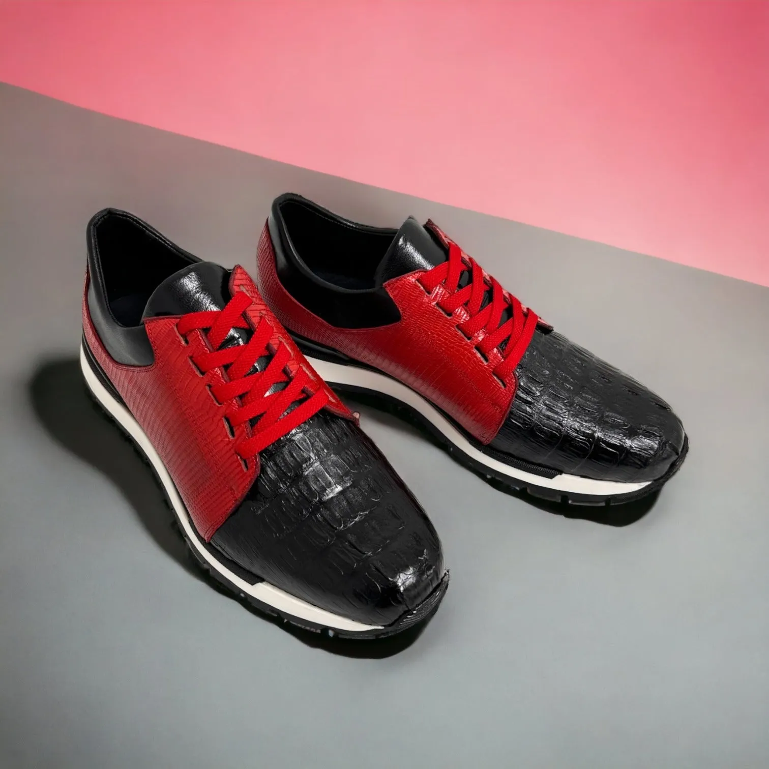 Belvedere 33631 Titan Men's Shoes Black & Red Exotic Caiman Crocodile / Lizard / Calf-Skin LeatherCasual Sneakers (BV3144)