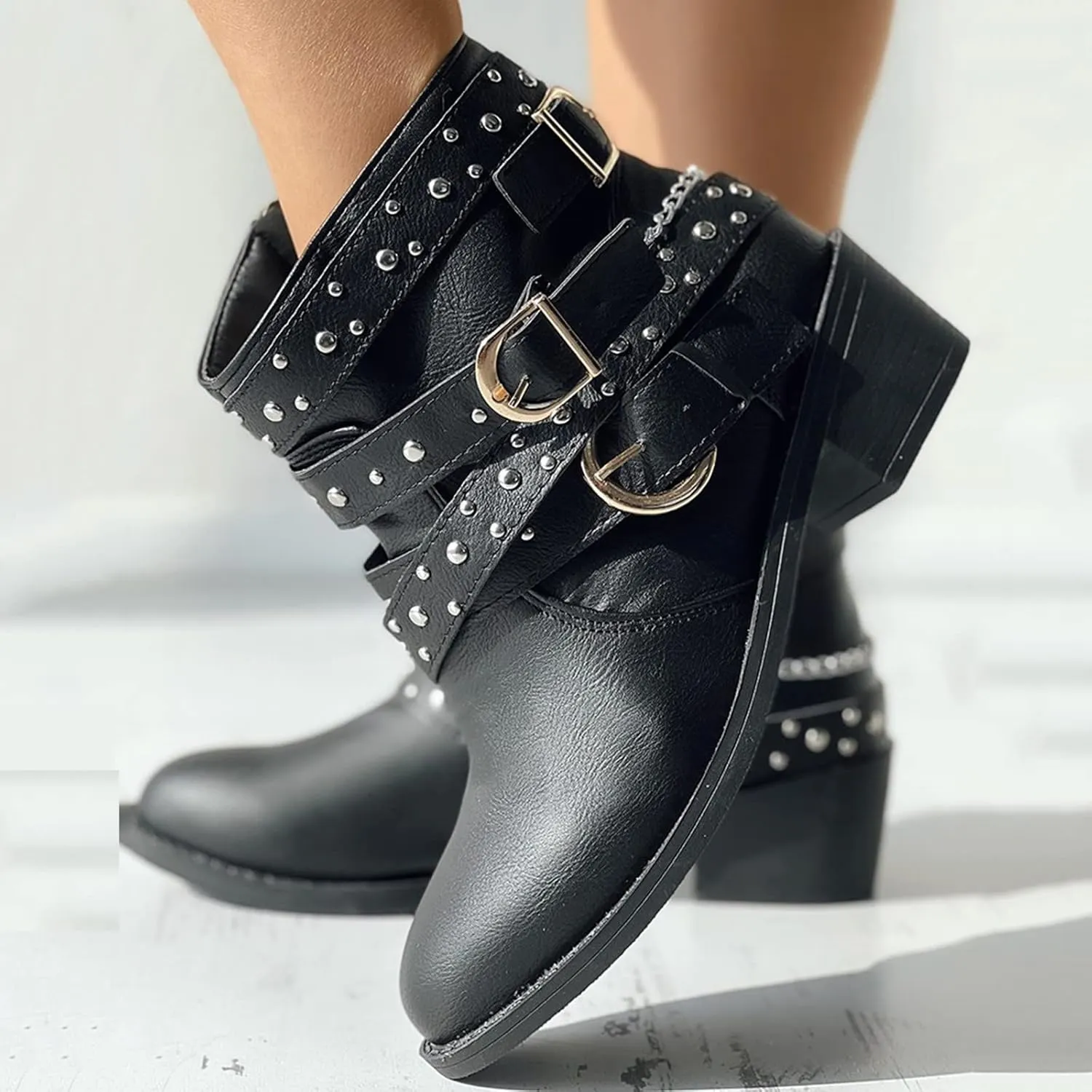 Black Booties for Women Ankle Wide Width Booties Womens Leather Boots Ankle Heeled Bootie for Women Dressy Fashion Casual Comfy Soft Slip on Pointed Toe Chunky Stacked Heel
