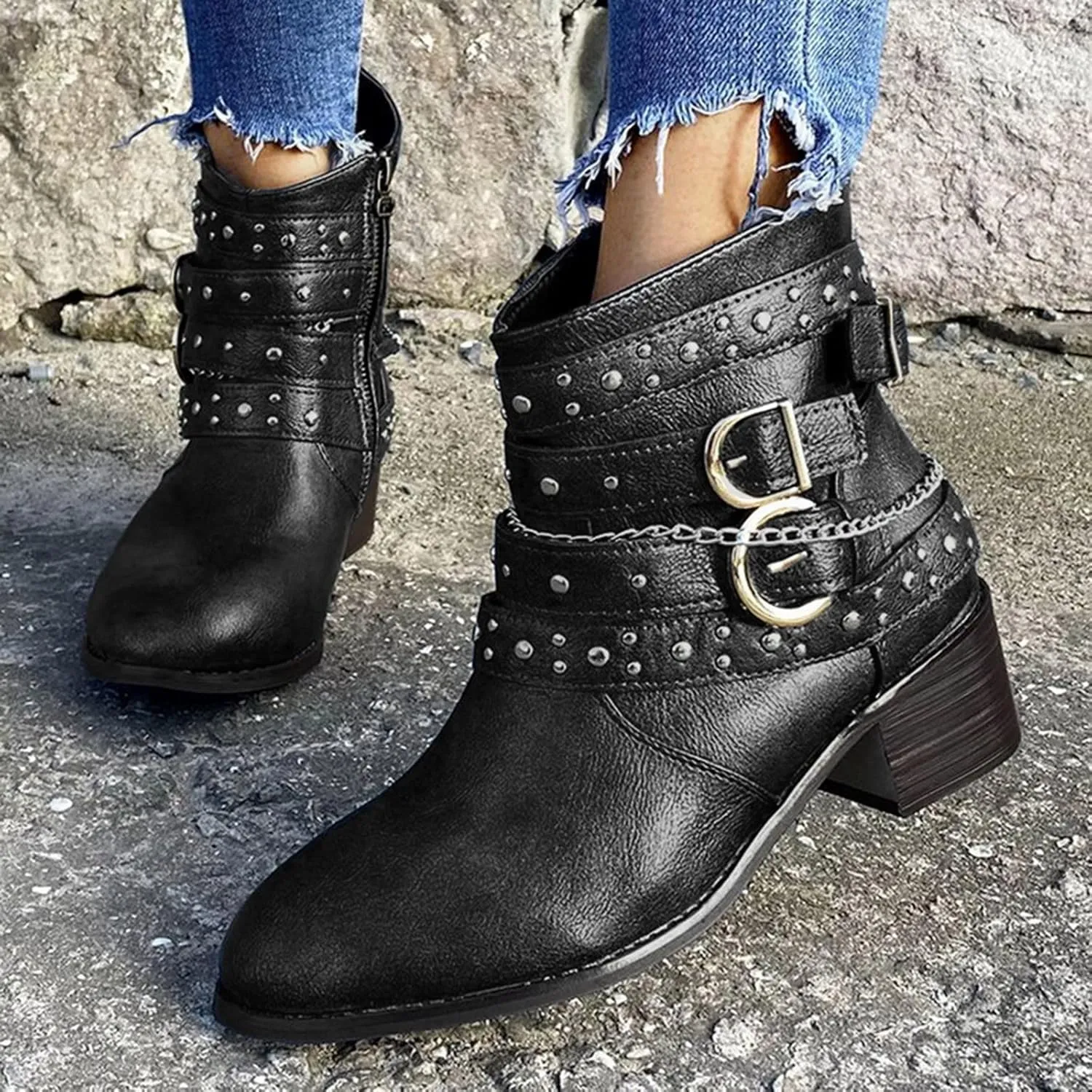 Black Booties for Women Ankle Wide Width Booties Womens Leather Boots Ankle Heeled Bootie for Women Dressy Fashion Casual Comfy Soft Slip on Pointed Toe Chunky Stacked Heel