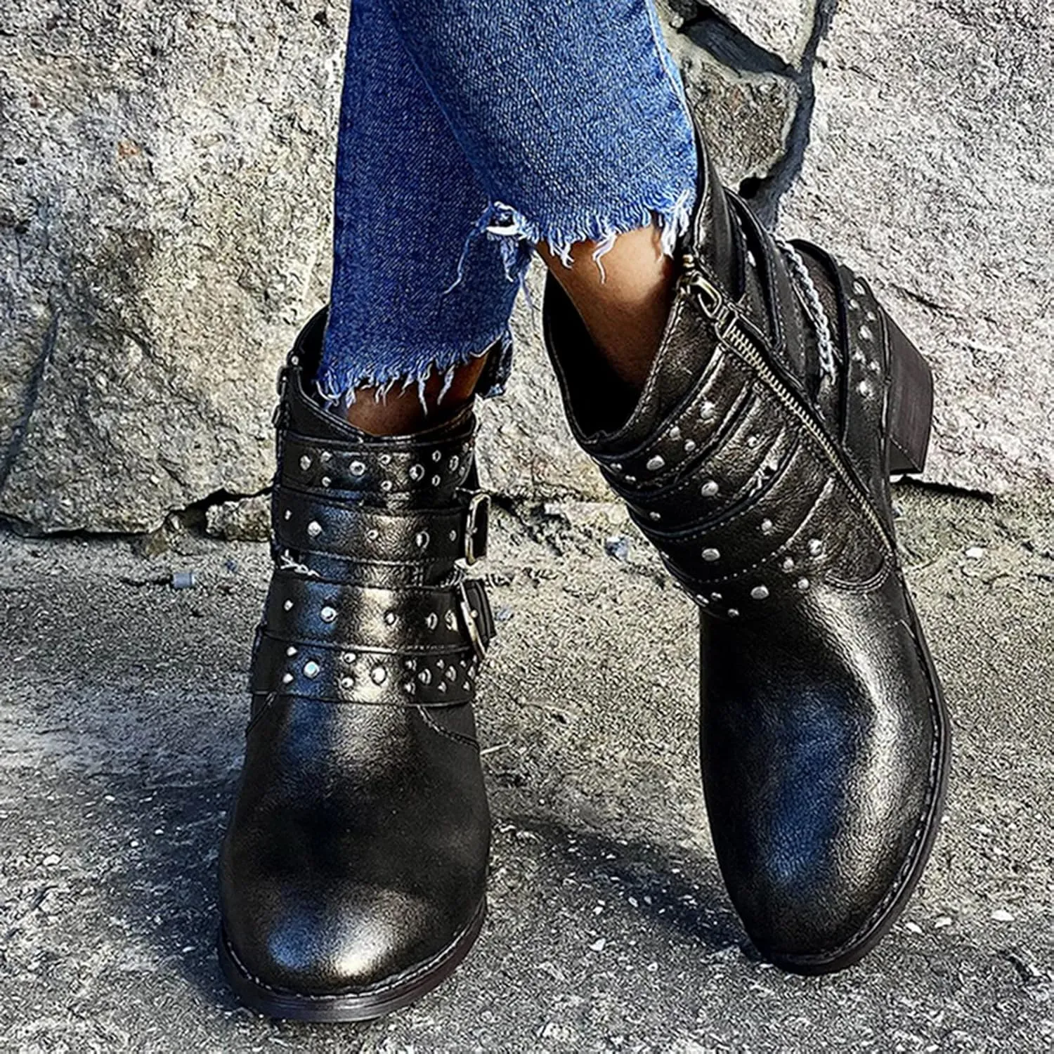 Black Booties for Women Ankle Wide Width Booties Womens Leather Boots Ankle Heeled Bootie for Women Dressy Fashion Casual Comfy Soft Slip on Pointed Toe Chunky Stacked Heel