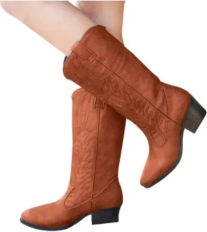 Boots for Women Cowgirl Boots Wide Calf Round Toe Vintage Embroidered Pull On Cowgirl Booties Shoes