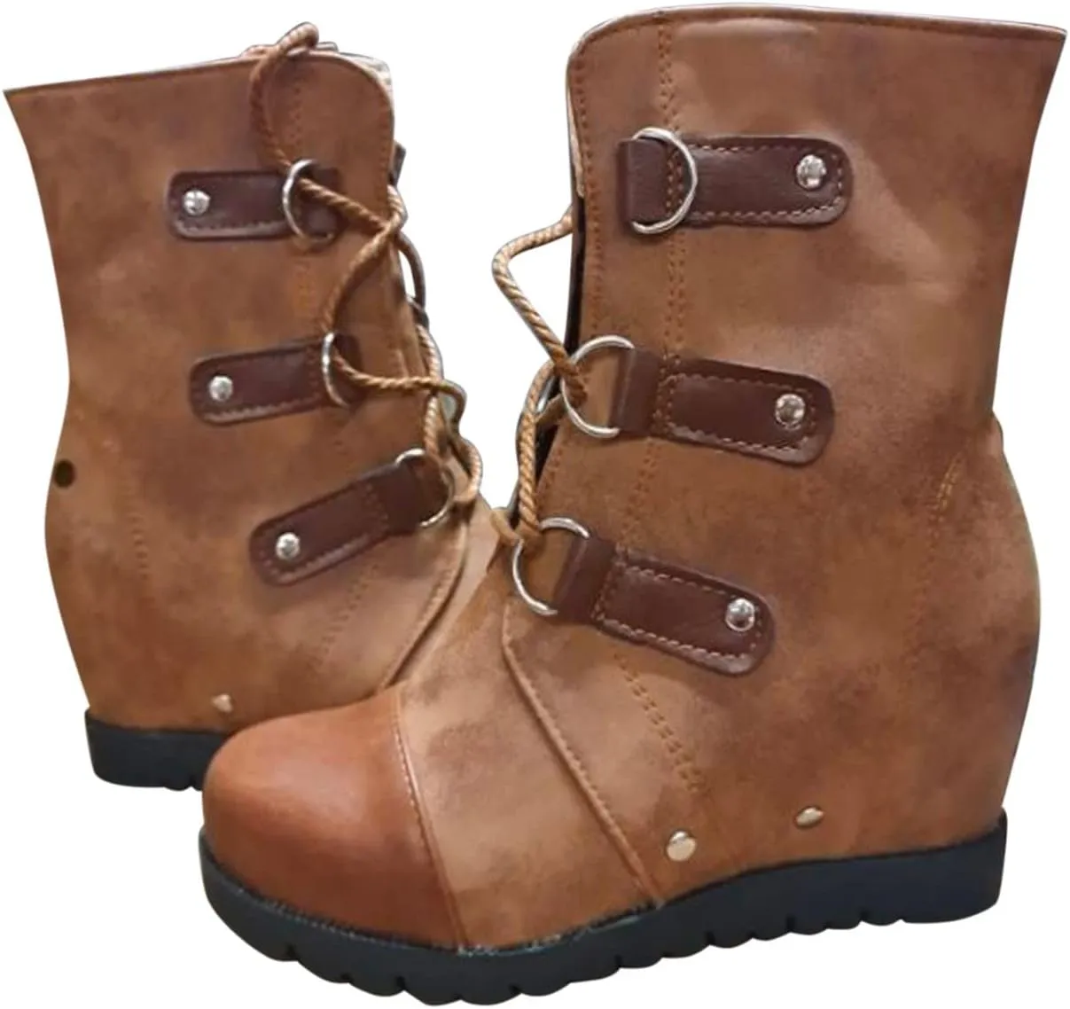Boots for Women Wedges Ankle Booties Retro V Cutout Comfy Short Boots Color Block Chunky Block Heels Shoes 52