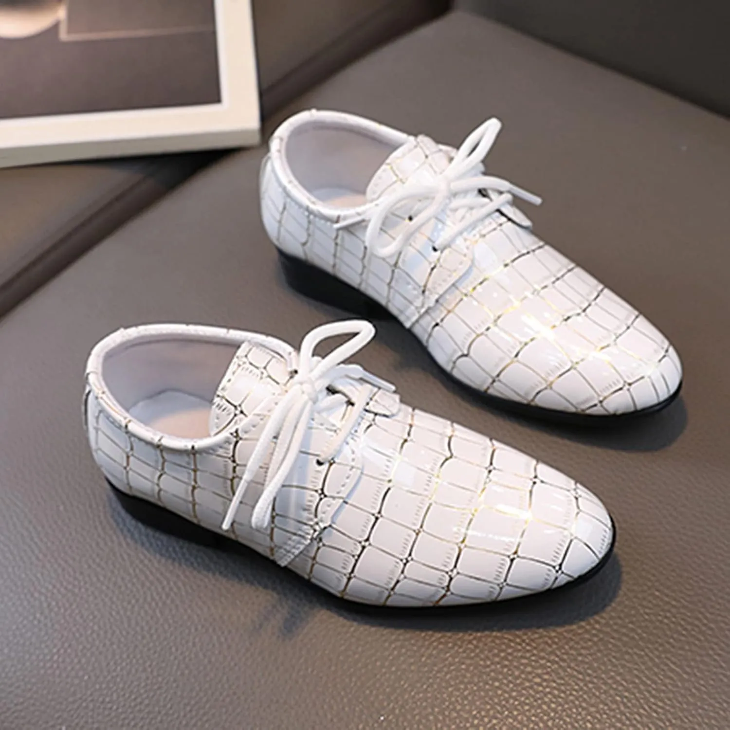 Boys Printed ??xford Dress Shoes, Fashion Leather Lace-up Comfortable Slip-on Pointed-Toe Business Formal Shoes