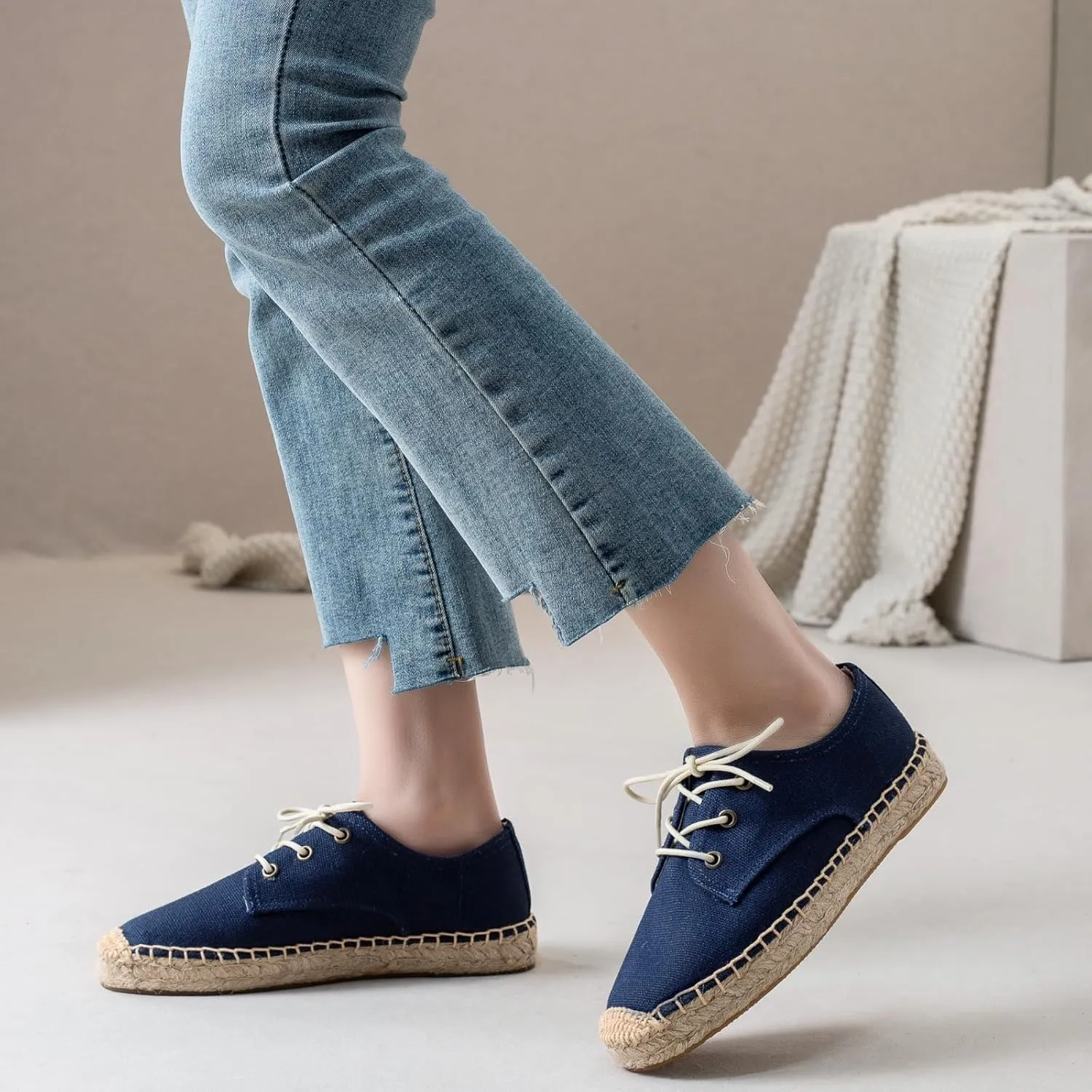 Casual Simple Espadrille Sneakers - Comfortable and Breathable Lace Up Women Flats Thick Bottom Espadrilles, Can Be Worn with Jeans, Long Skirts,Shorts