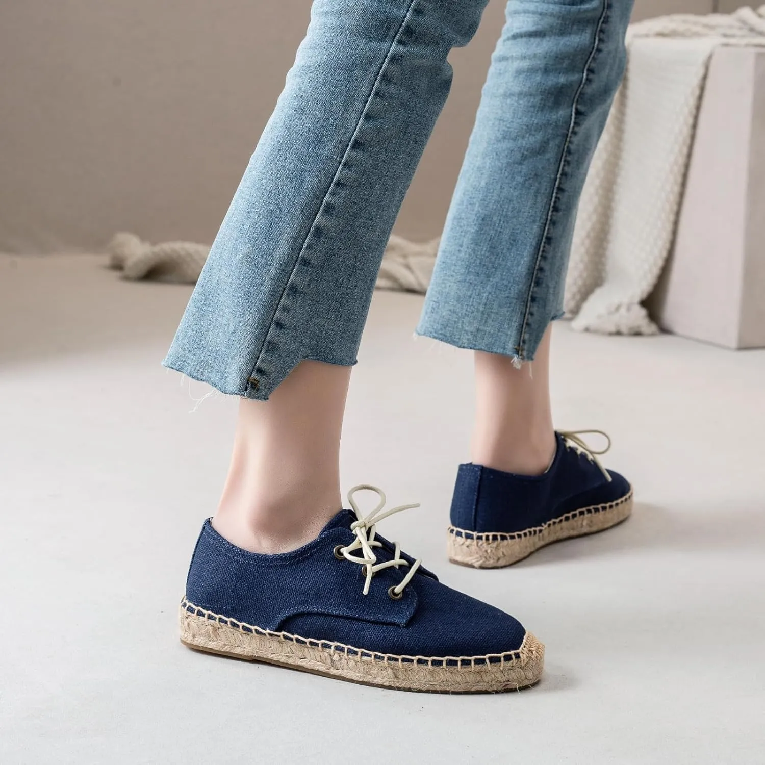 Casual Simple Espadrille Sneakers - Comfortable and Breathable Lace Up Women Flats Thick Bottom Espadrilles, Can Be Worn with Jeans, Long Skirts,Shorts