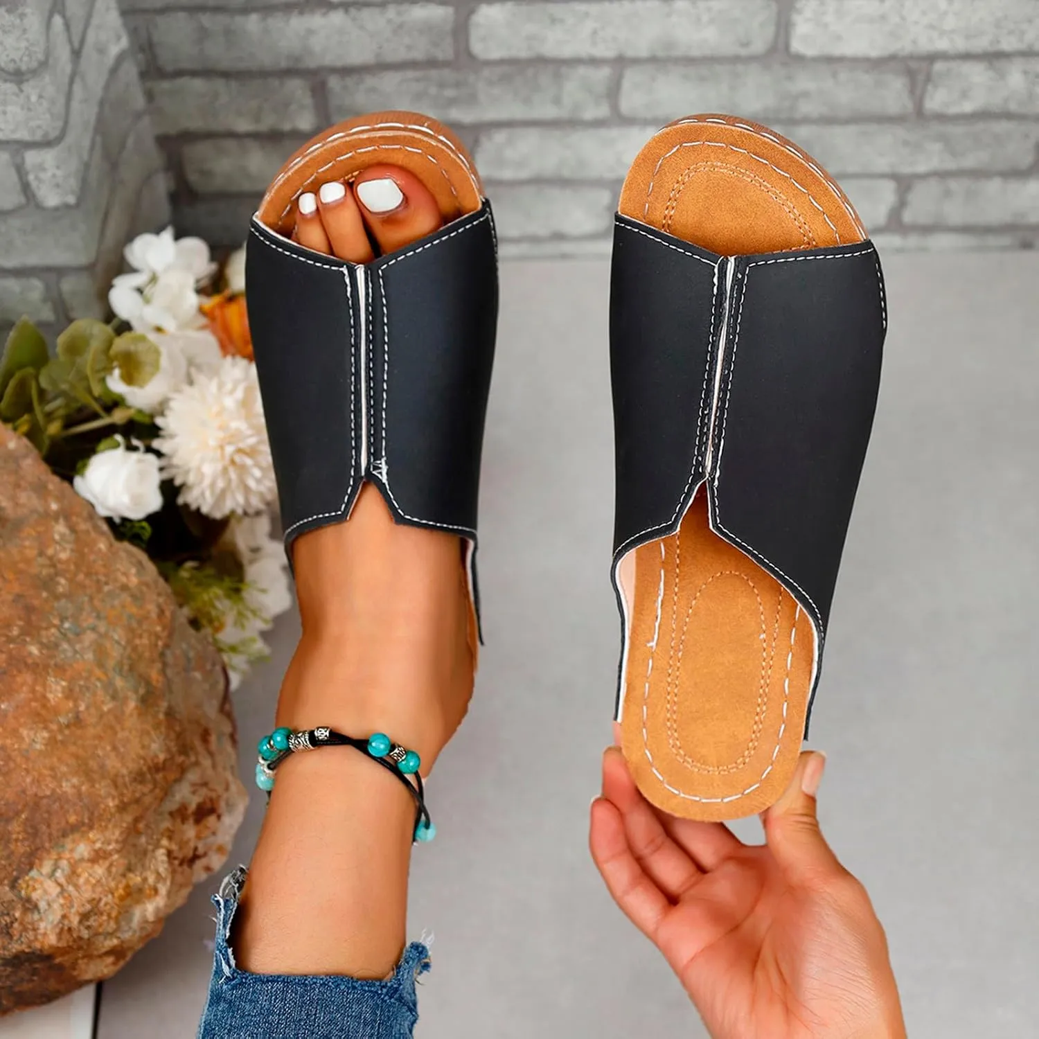Cathalem Damping Sole Upgradation Stretch Lightweight Sandals Orthopedic Arch Support Leather Platform Wedge Sandals