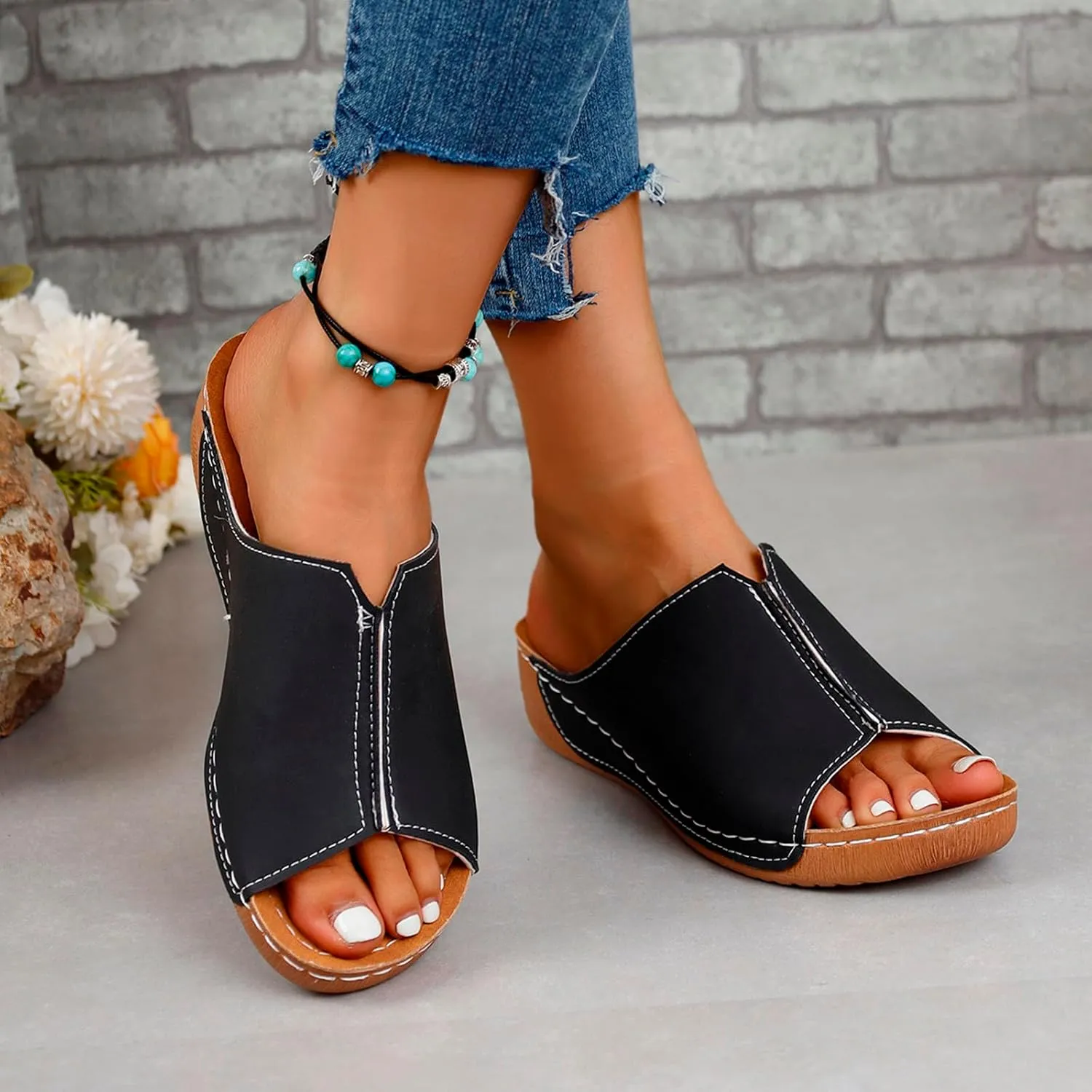 Cathalem Damping Sole Upgradation Stretch Lightweight Sandals Orthopedic Arch Support Leather Platform Wedge Sandals