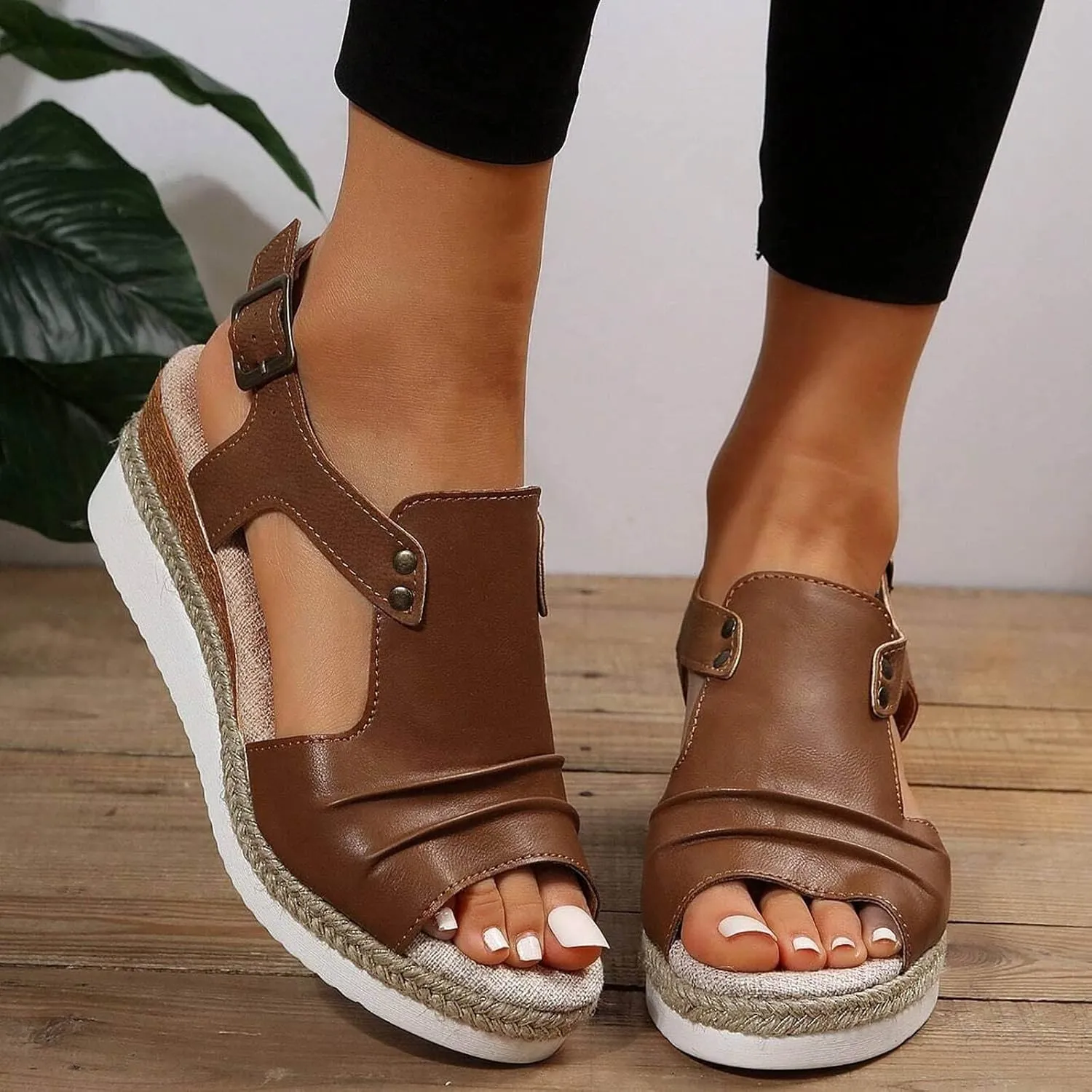 Cathalem Orthopedic Platform Wedge Sandals for Women Summer Dressy Flat Open Toe Ankle Strap Espadrilles Sandals