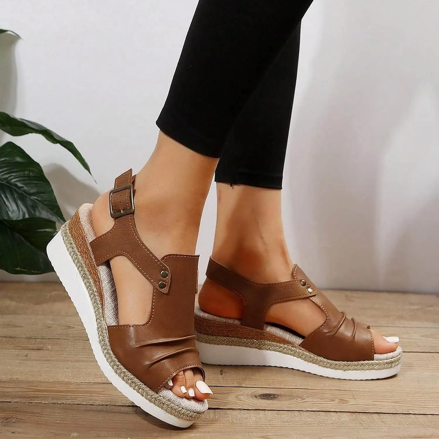 Cathalem Orthopedic Platform Wedge Sandals for Women Summer Dressy Flat Open Toe Ankle Strap Espadrilles Sandals