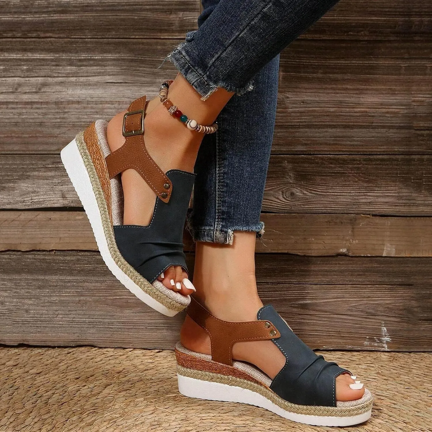 Cathalem Orthopedic Wedge Sandals for Women Open Toe Ankle Strap Platform Sandals Casual Strappy Sandals Zipper Summer Beach Sandals
