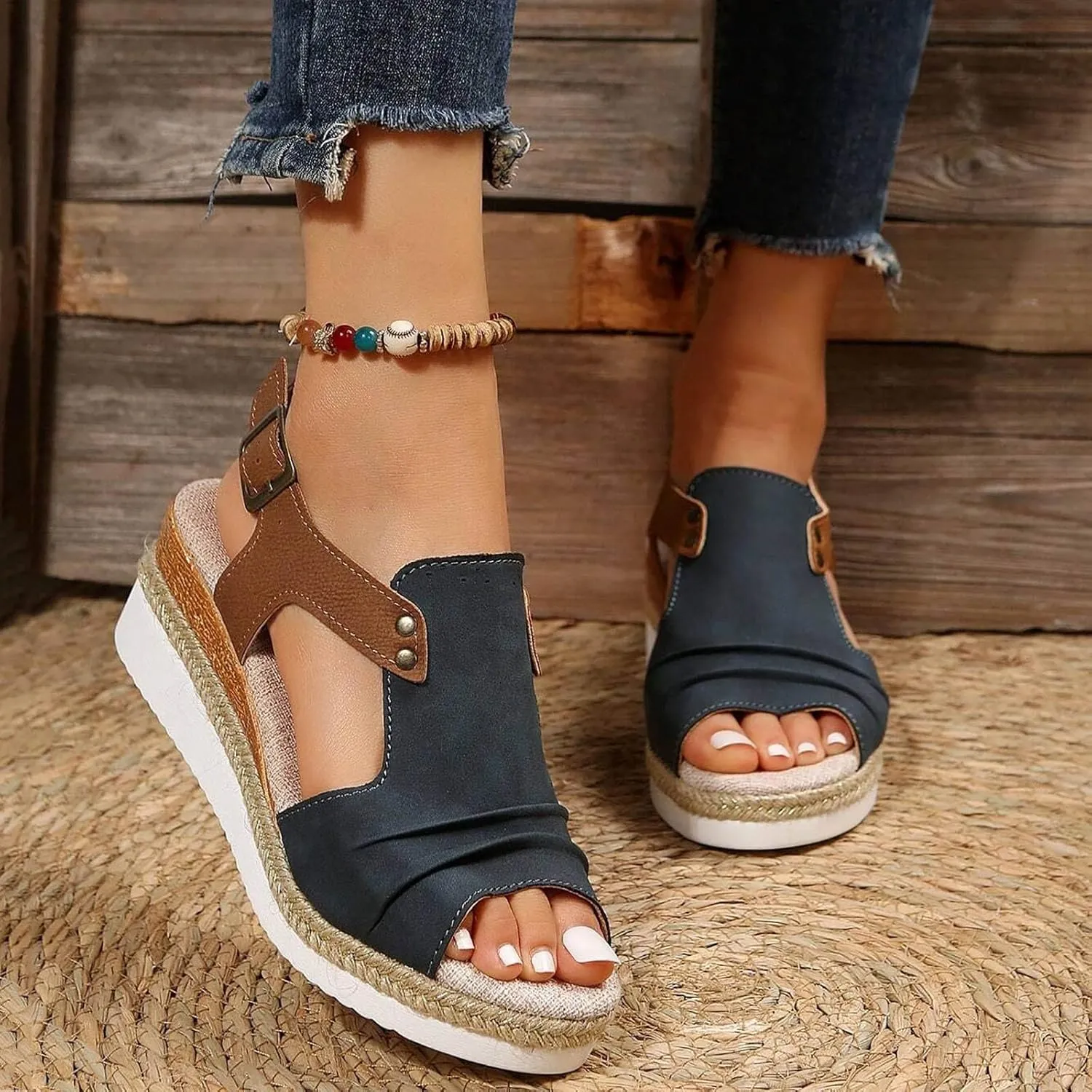 Cathalem Orthopedic Wedge Sandals for Women Open Toe Ankle Strap Platform Sandals Casual Strappy Sandals Zipper Summer Beach Sandals