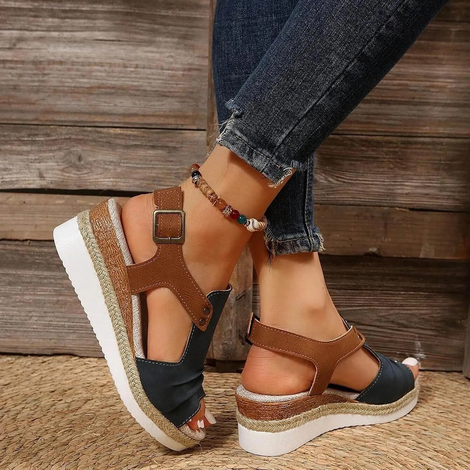 Cathalem Orthopedic Wedge Sandals for Women Open Toe Ankle Strap Platform Sandals Casual Strappy Sandals Zipper Summer Beach Sandals