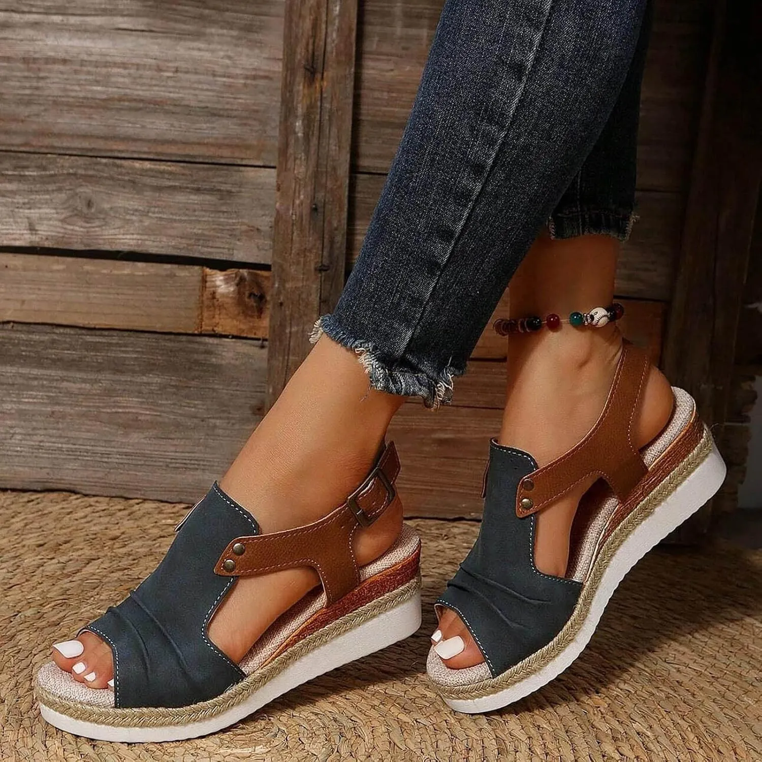 Cathalem Orthopedic Wedge Sandals for Women Open Toe Ankle Strap Platform Sandals Casual Strappy Sandals Zipper Summer Beach Sandals