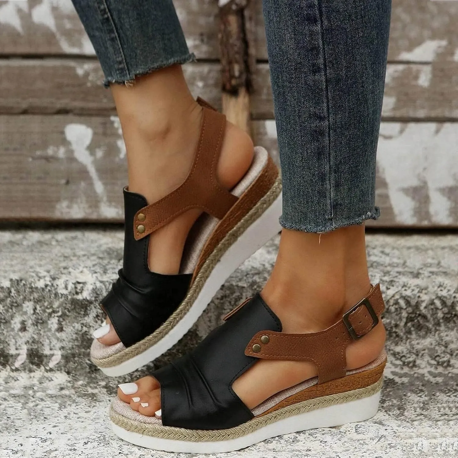 Cathalem Wedge Sandals for Women Open Toe Ankle Strap Wedge Heels Sandals Orthopedic Sandals Casual
