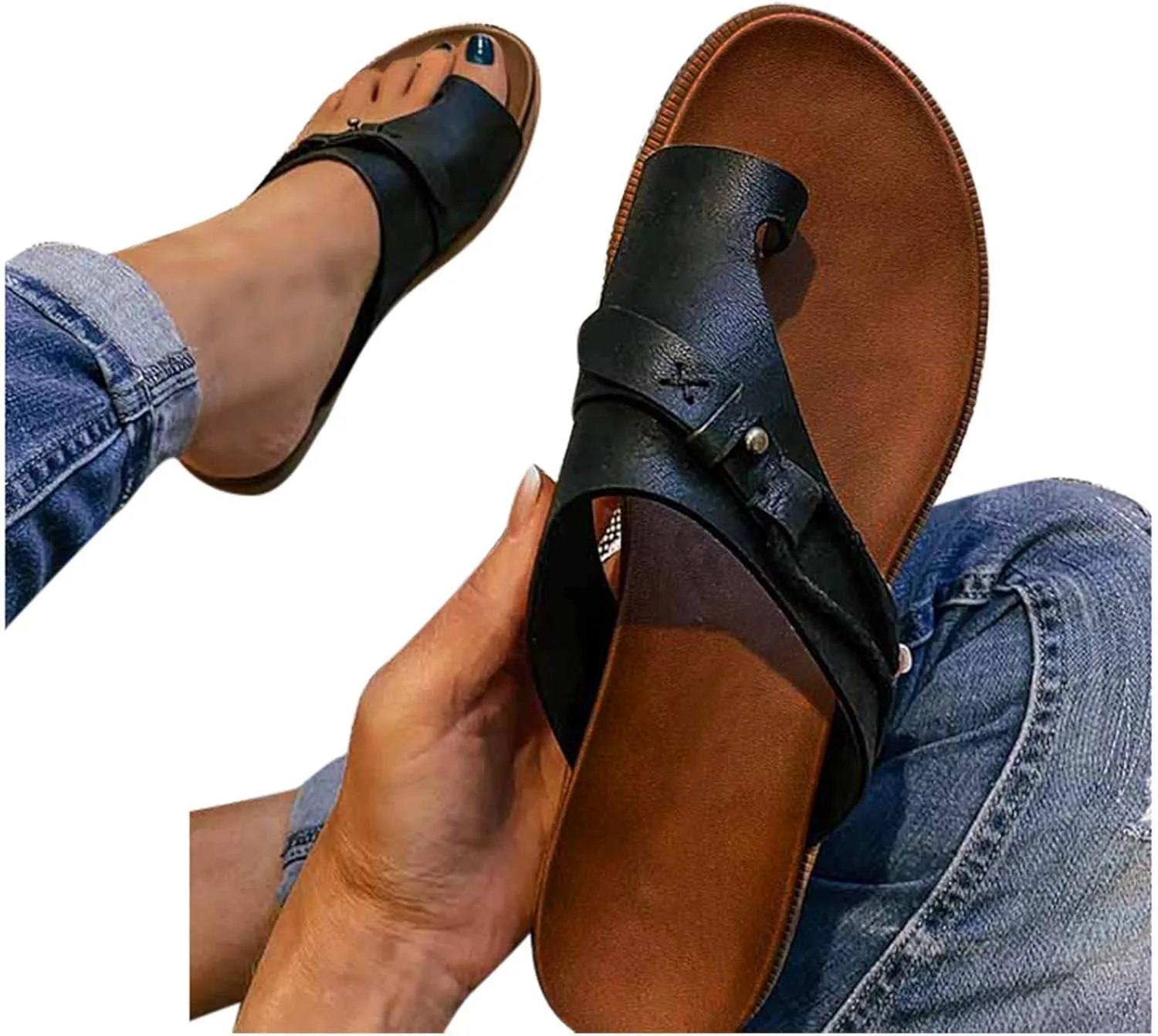 Cathalem Wedge Sandals for Women,Women Summer Flip Flop with Arch Support Thong Slippers Retro Anti-Slip Slip On Flat Toe Open Sandals