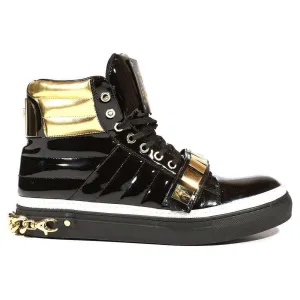 Cesare Paciotti Luxury Italian Men's Italian Designer Shoes Patent Specc Oro Black Sneakers (CPM5029)