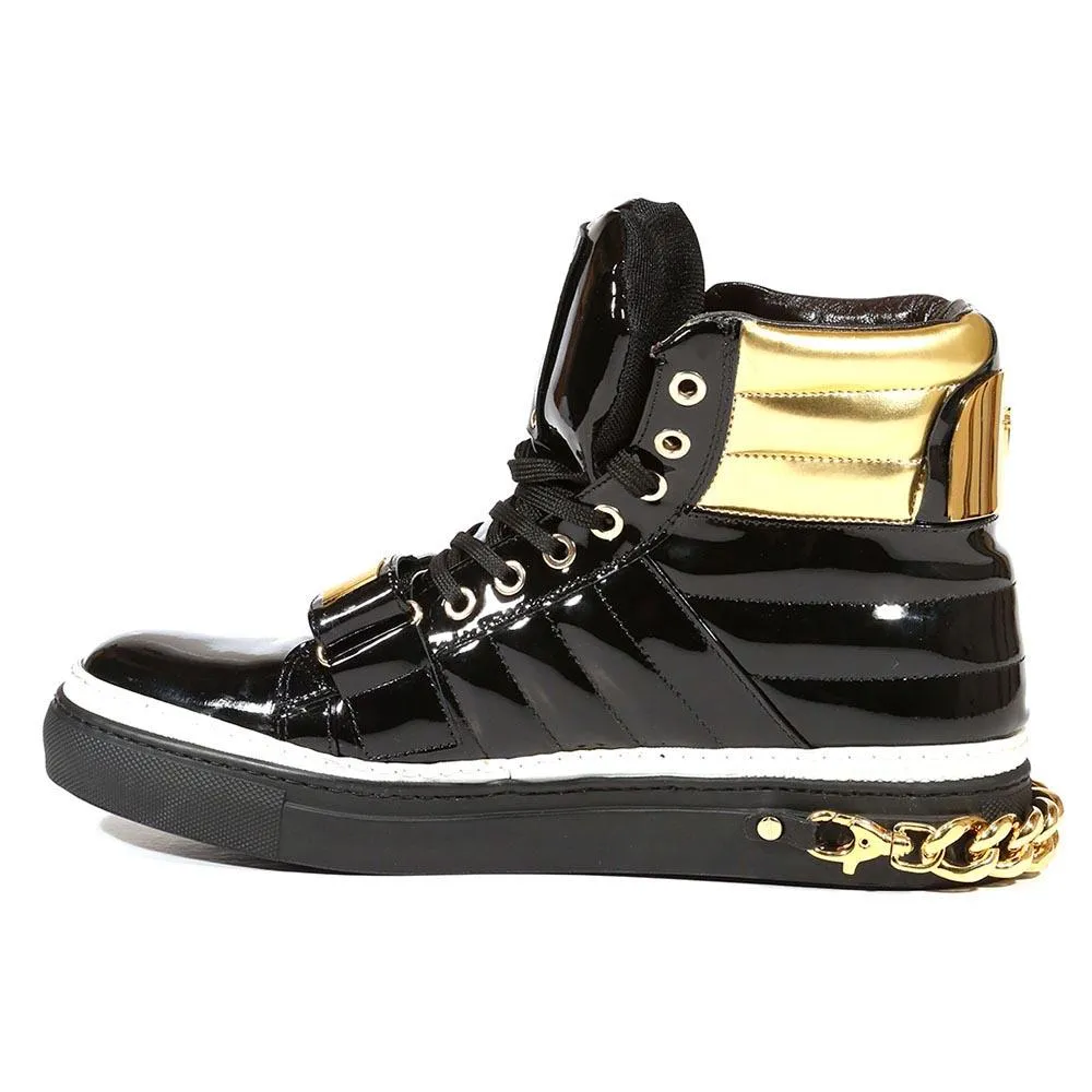Cesare Paciotti Luxury Italian Men's Italian Designer Shoes Patent Specc Oro Black Sneakers (CPM5029)