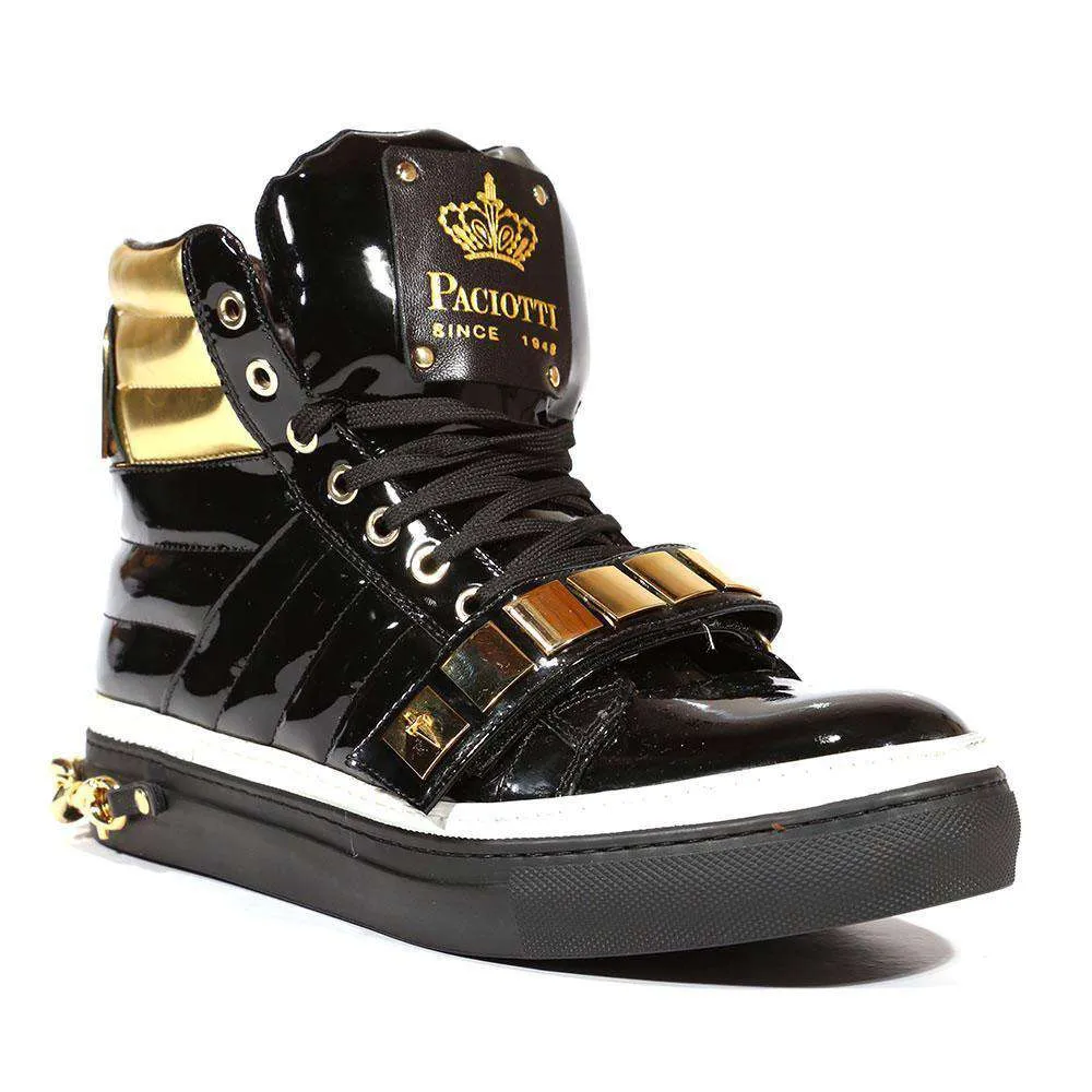Cesare Paciotti Luxury Italian Men's Italian Designer Shoes Patent Specc Oro Black Sneakers (CPM5029)