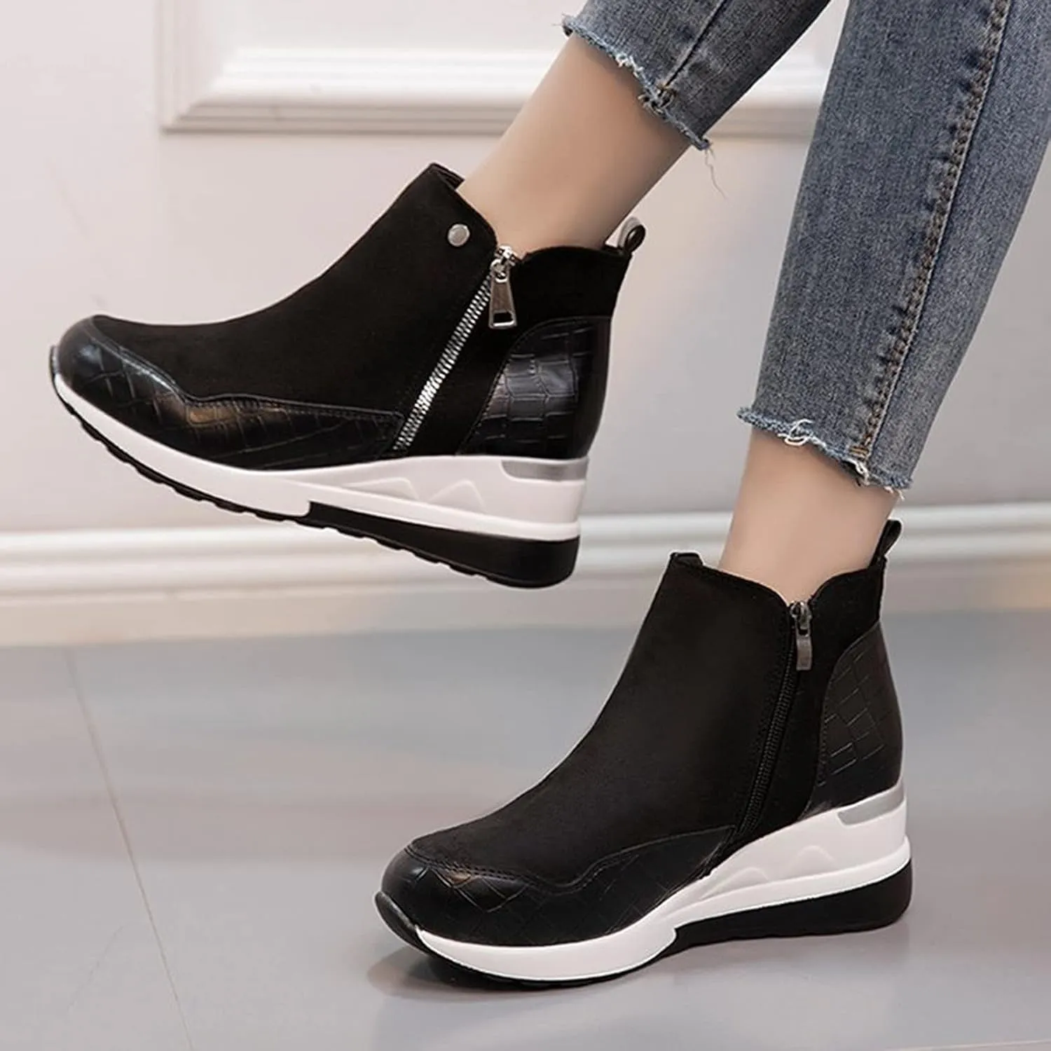 Cowboy Boots for Women High Heel Peep Toe Ankle Booties Leather Boots Wedges Short Booties Single Shoes 52
