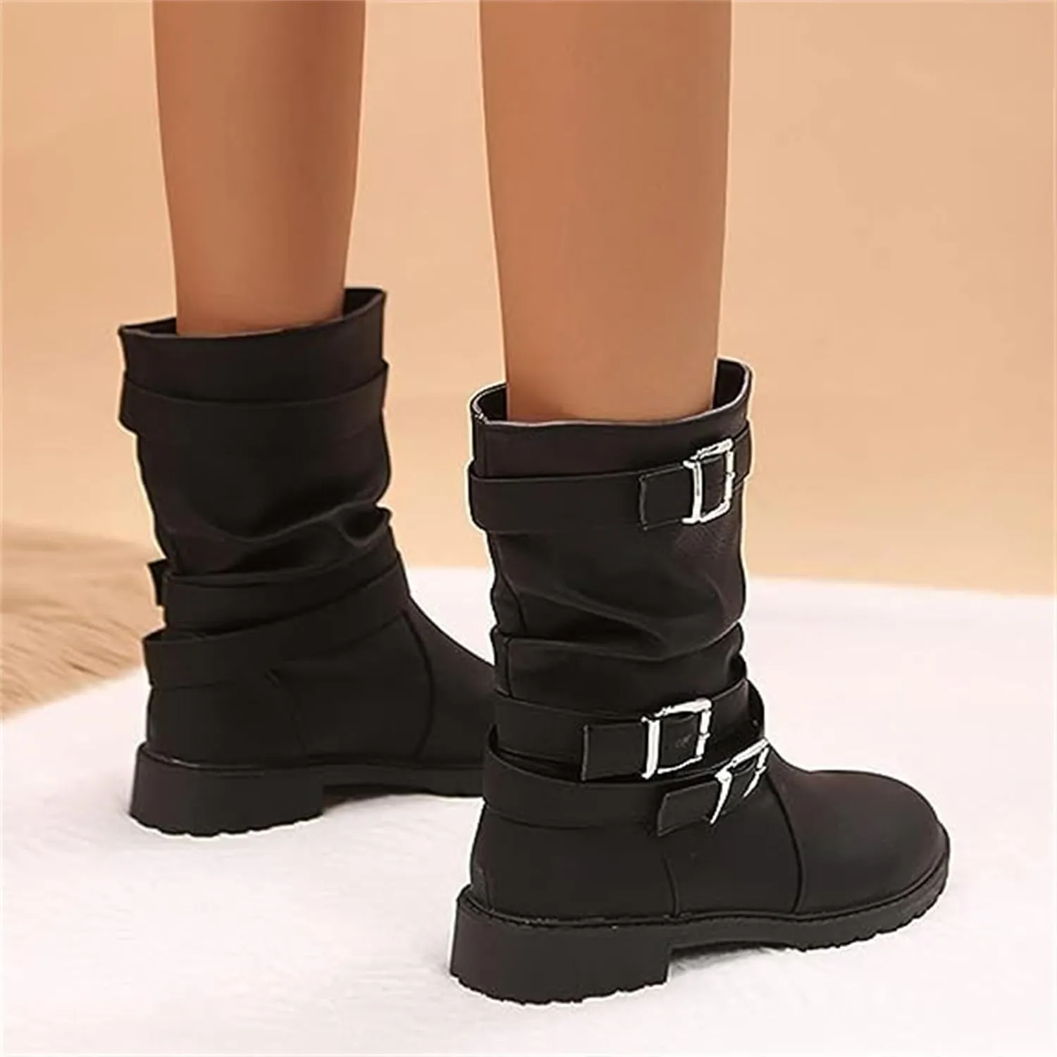 Cowgirl Boots Wide Calf Women's Combat boots Mid Calf Low Heel Motorcycle Riding Military Biker Fashion Ankle booties