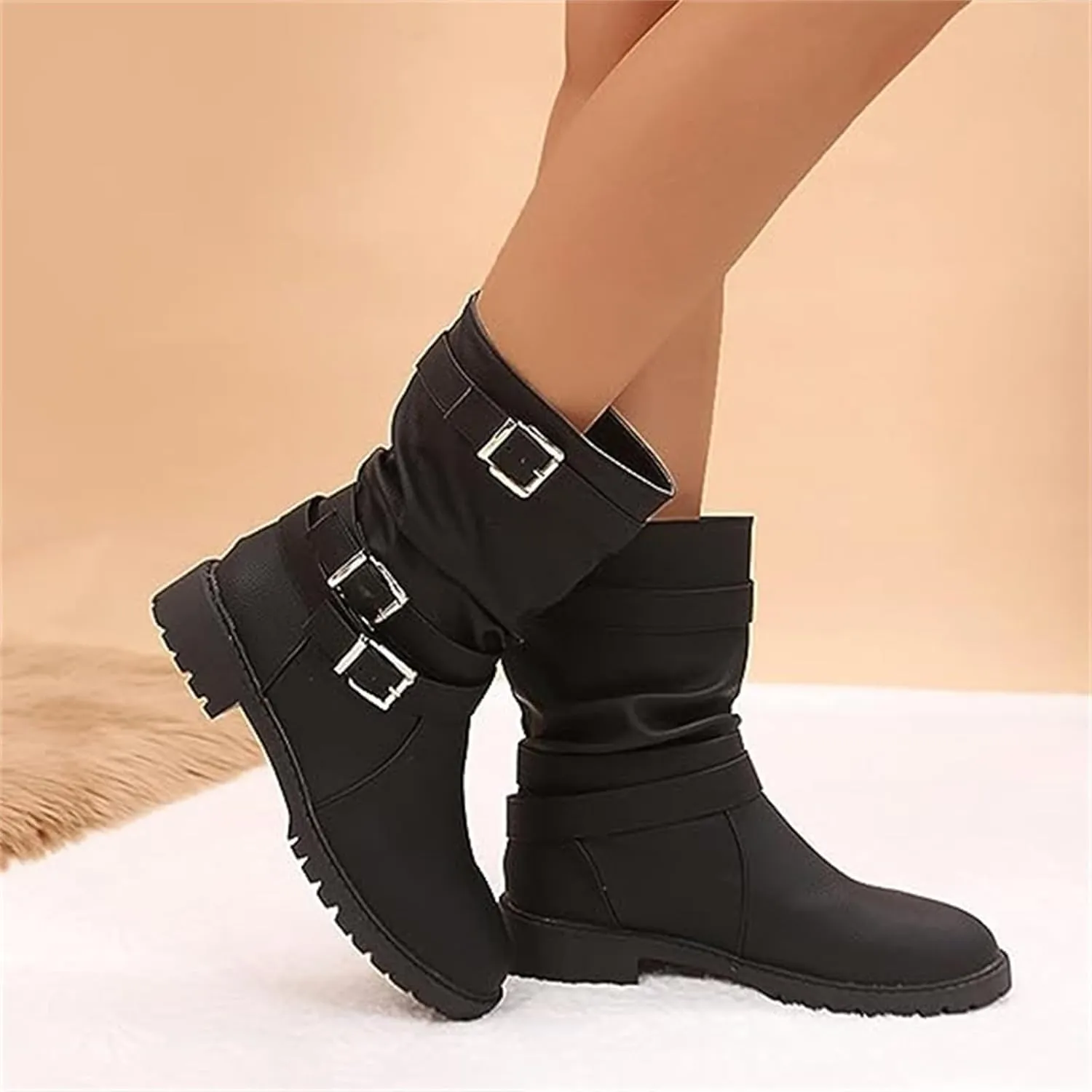 Cowgirl Boots Wide Calf Women's Combat boots Mid Calf Low Heel Motorcycle Riding Military Biker Fashion Ankle booties