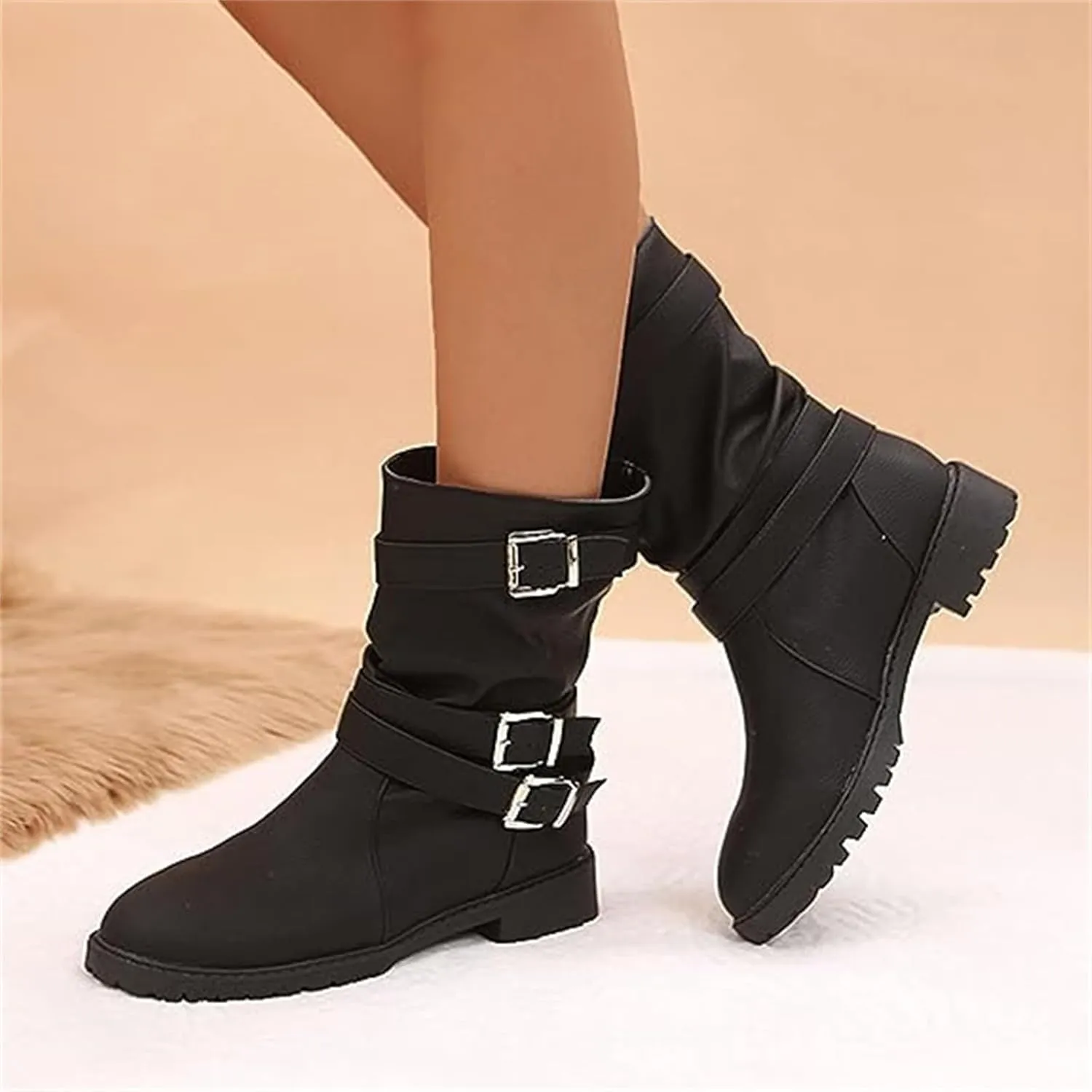 Cowgirl Boots Wide Calf Women's Combat boots Mid Calf Low Heel Motorcycle Riding Military Biker Fashion Ankle booties