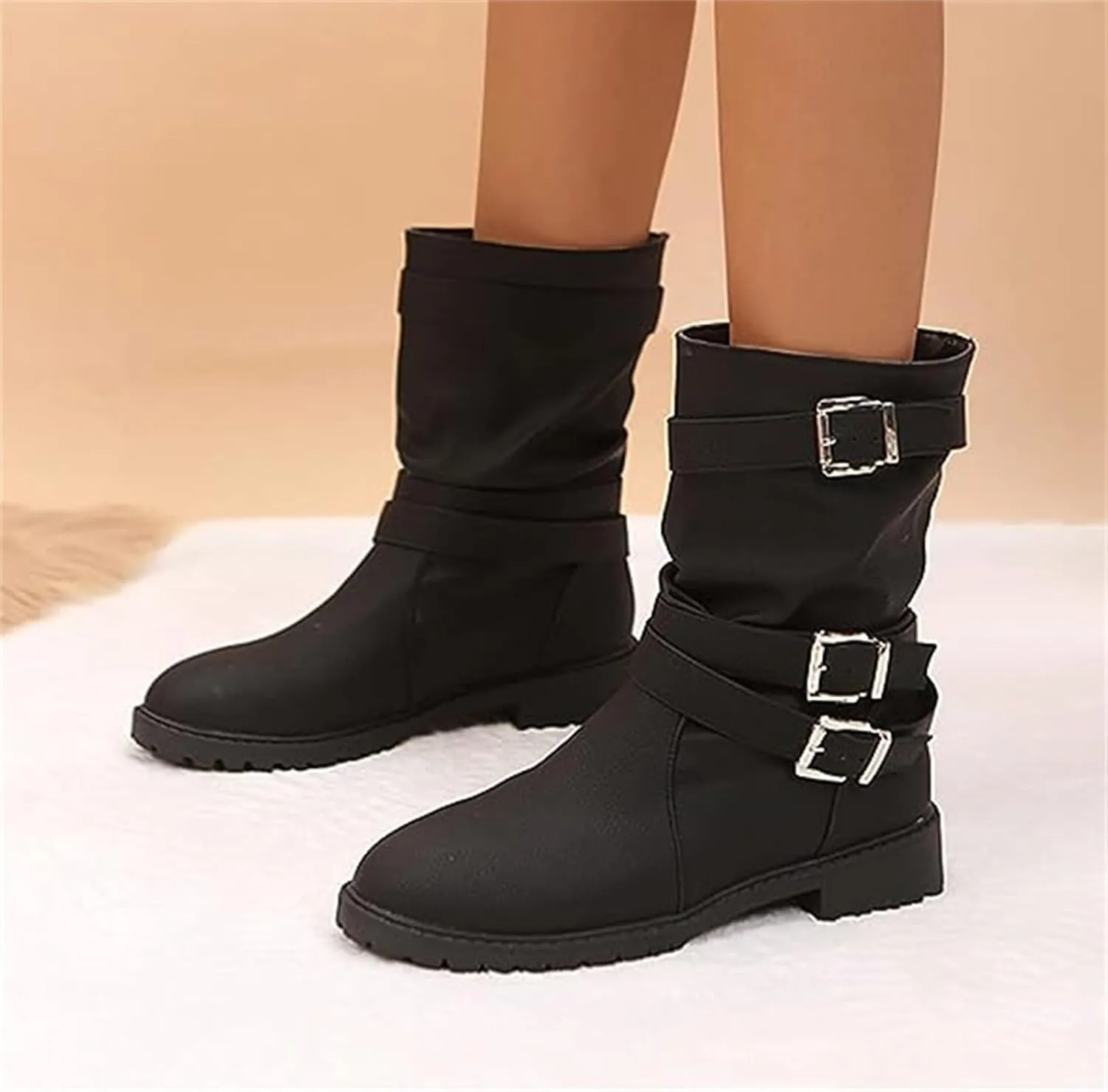Cowgirl Boots Wide Calf Women's Combat boots Mid Calf Low Heel Motorcycle Riding Military Biker Fashion Ankle booties