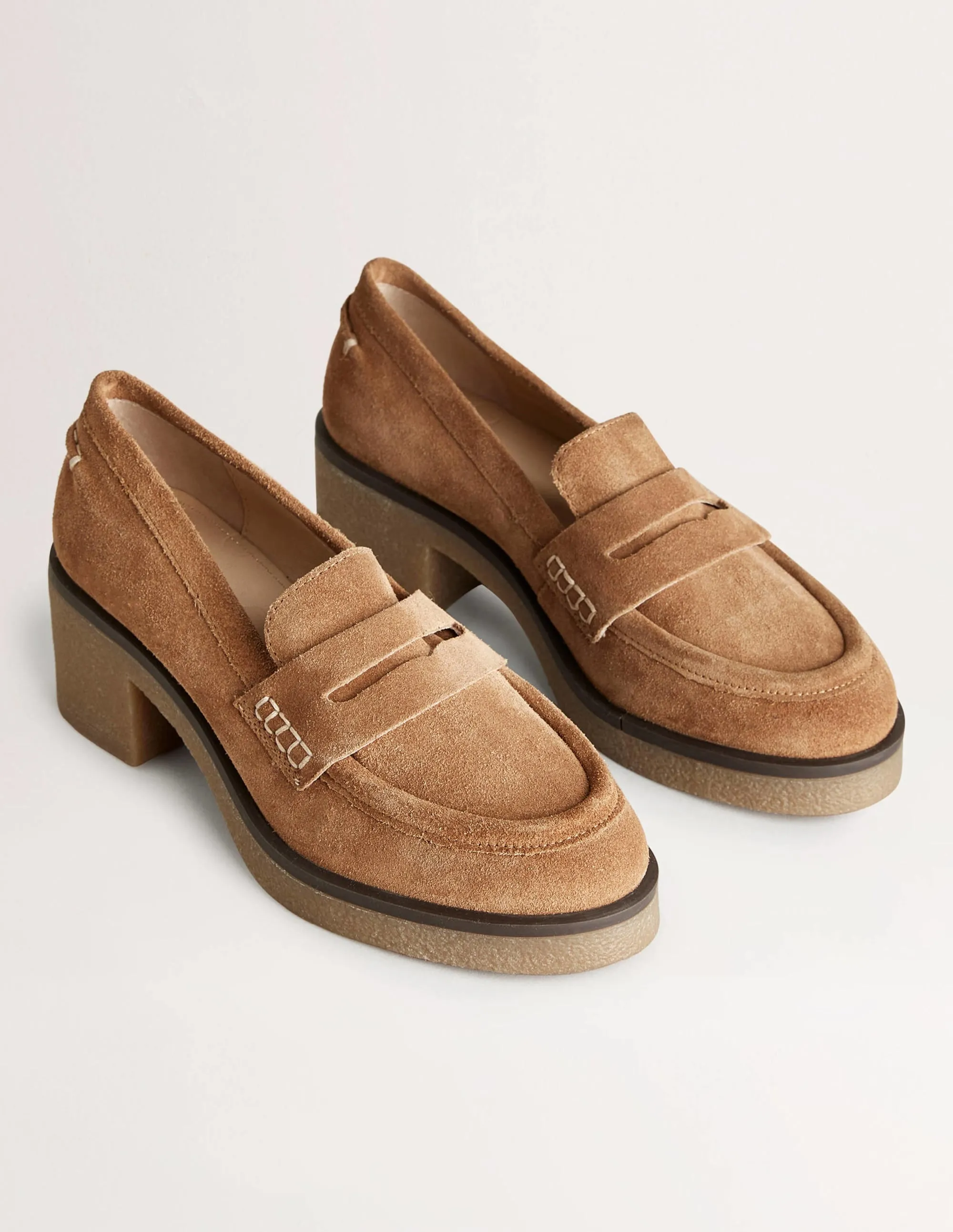 Crepe Sole Heeled Loafers-Golden Brown Suede