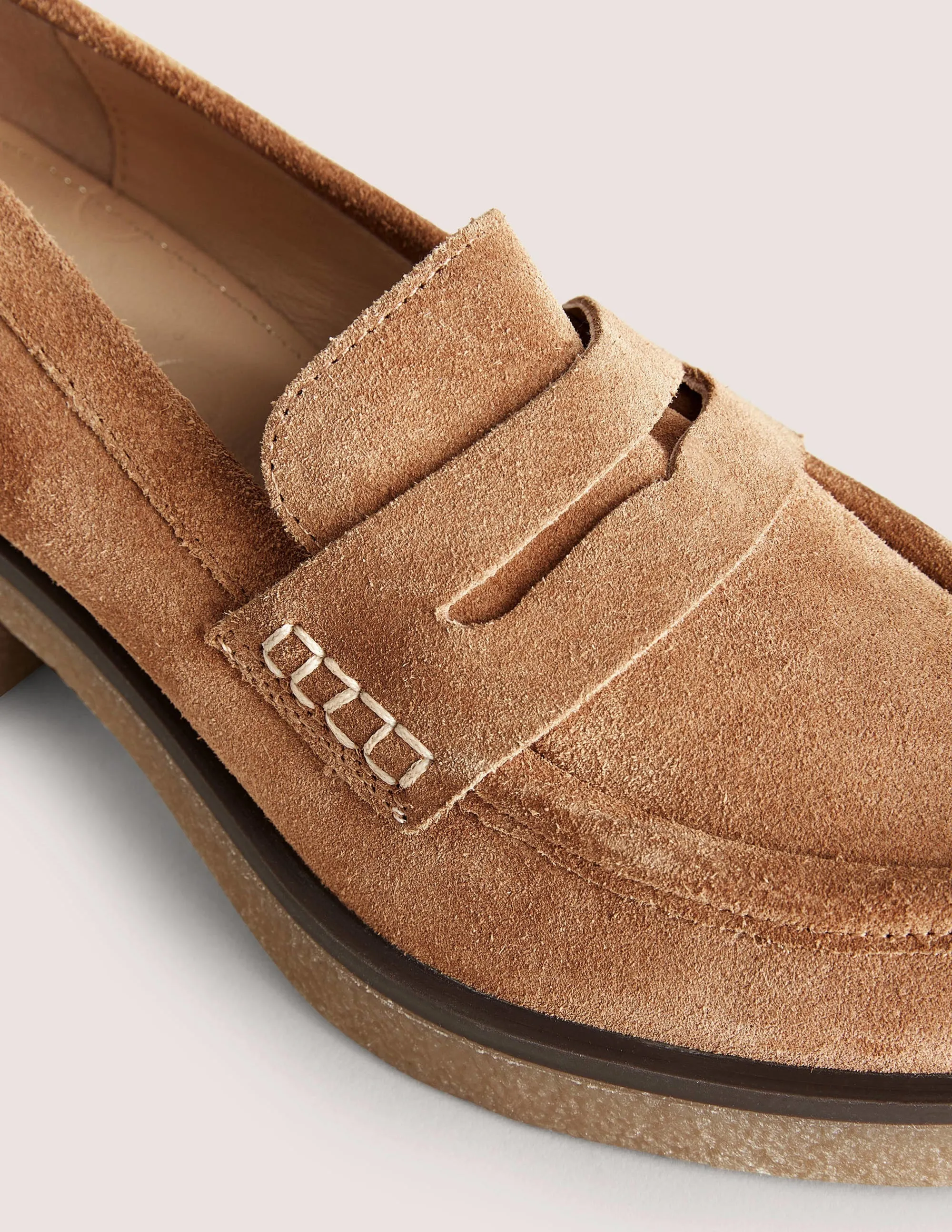 Crepe Sole Heeled Loafers-Golden Brown Suede