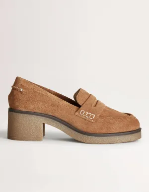 Crepe Sole Heeled Loafers-Golden Brown Suede