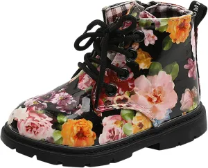 Cute Kids Boots Floral Print Brigh?? Color for Girl Boys L??ce Up Boots W??terpoorf Ankle Boots Side Zipper Booties
