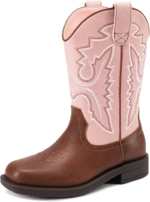 DREAM PAIRS Boys Girls Cowboy Boots Toddler Mid Calf Western Boots Square Toe Riding Boots for Kids