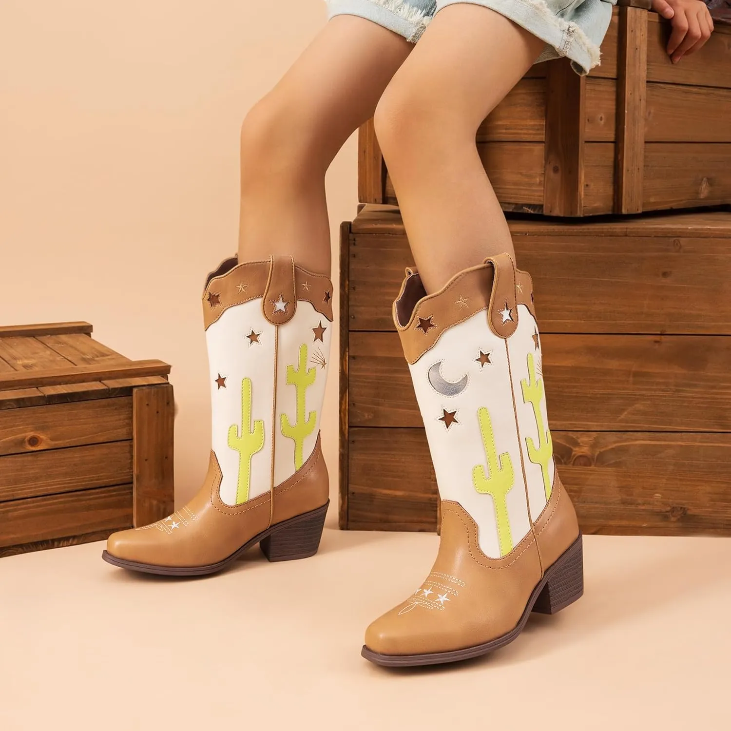 DREAM PAIRS Girls Cowboy Boots Cowgirl Mid Calf Western Boots with Low Heel Square Toe for Little Kid/Big Kid