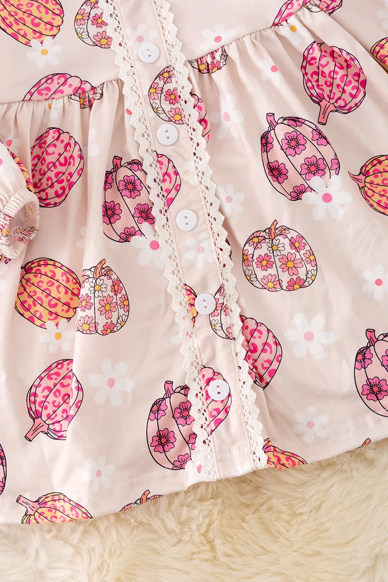 DRG42124 NAY: Pumpkin printed dress w/ bubble sleeve. 