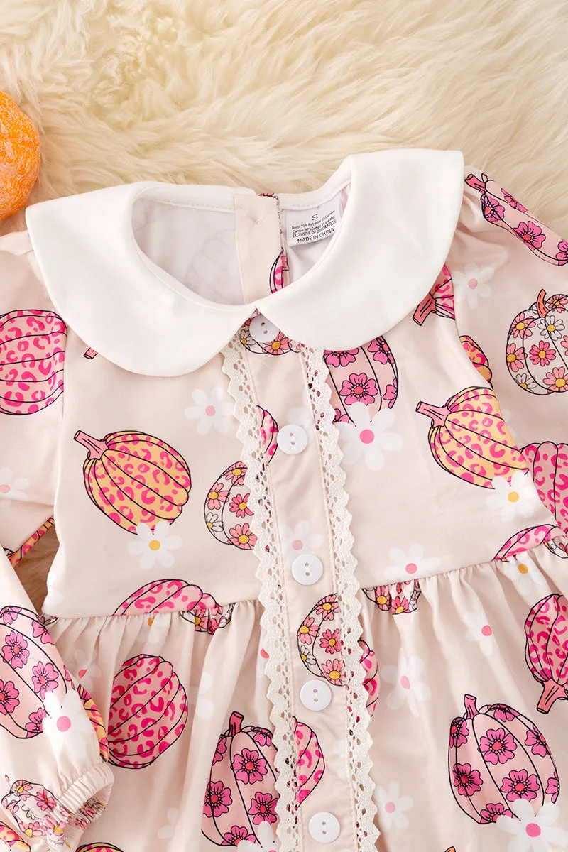 DRG42124 NAY: Pumpkin printed dress w/ bubble sleeve. 
