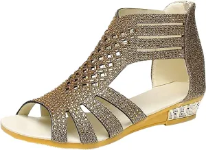 Eduavar Sandals for Women Casual Summer, Beach Sandals for Women Summer Gladiator Sandals Rhinestone Zip Up Low Wedge Sandals