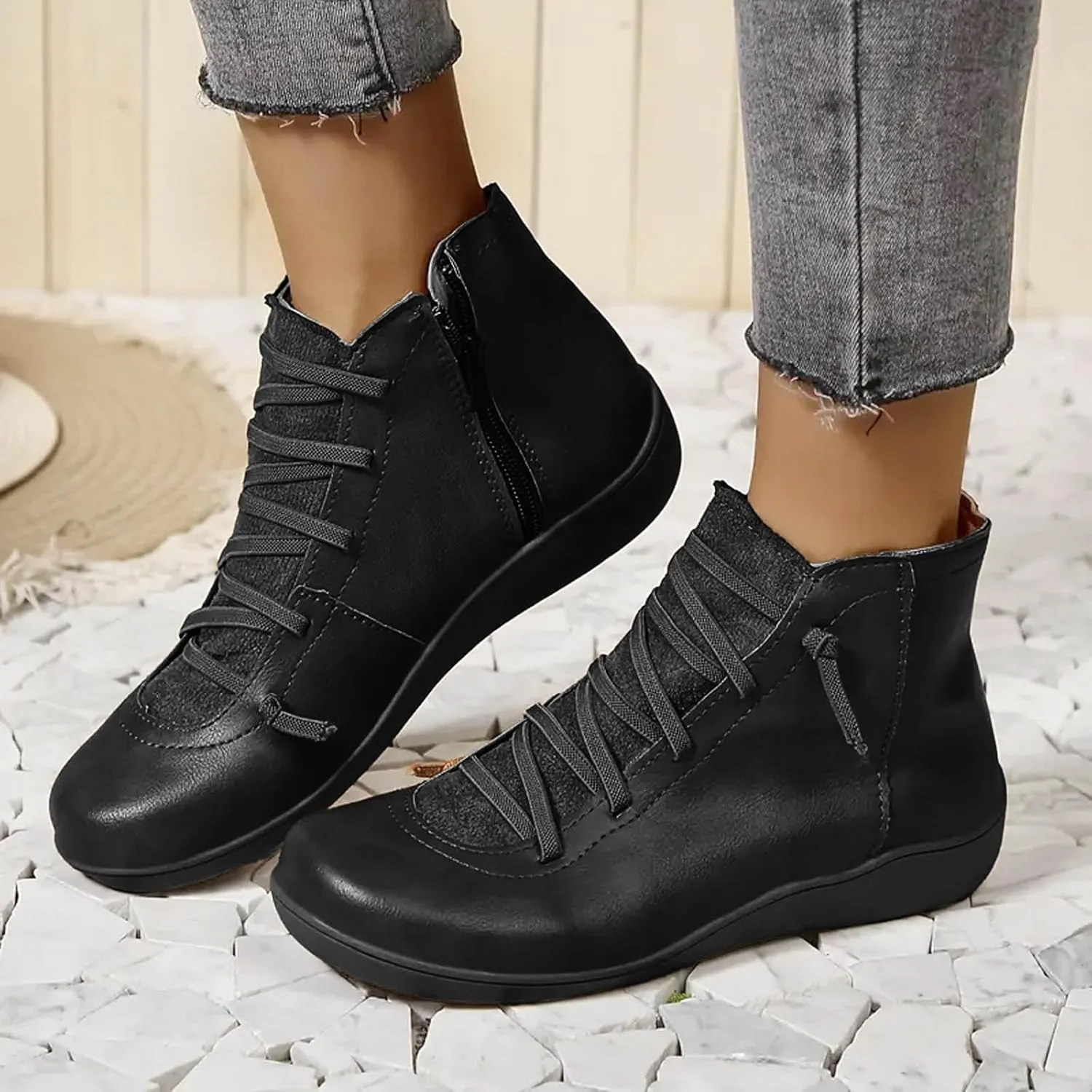 Fall Boots Womens Ankle Boots Arch Support Flat Heel Fashion Lace Up Zipper Booties Cowboy Walking Short Bootie