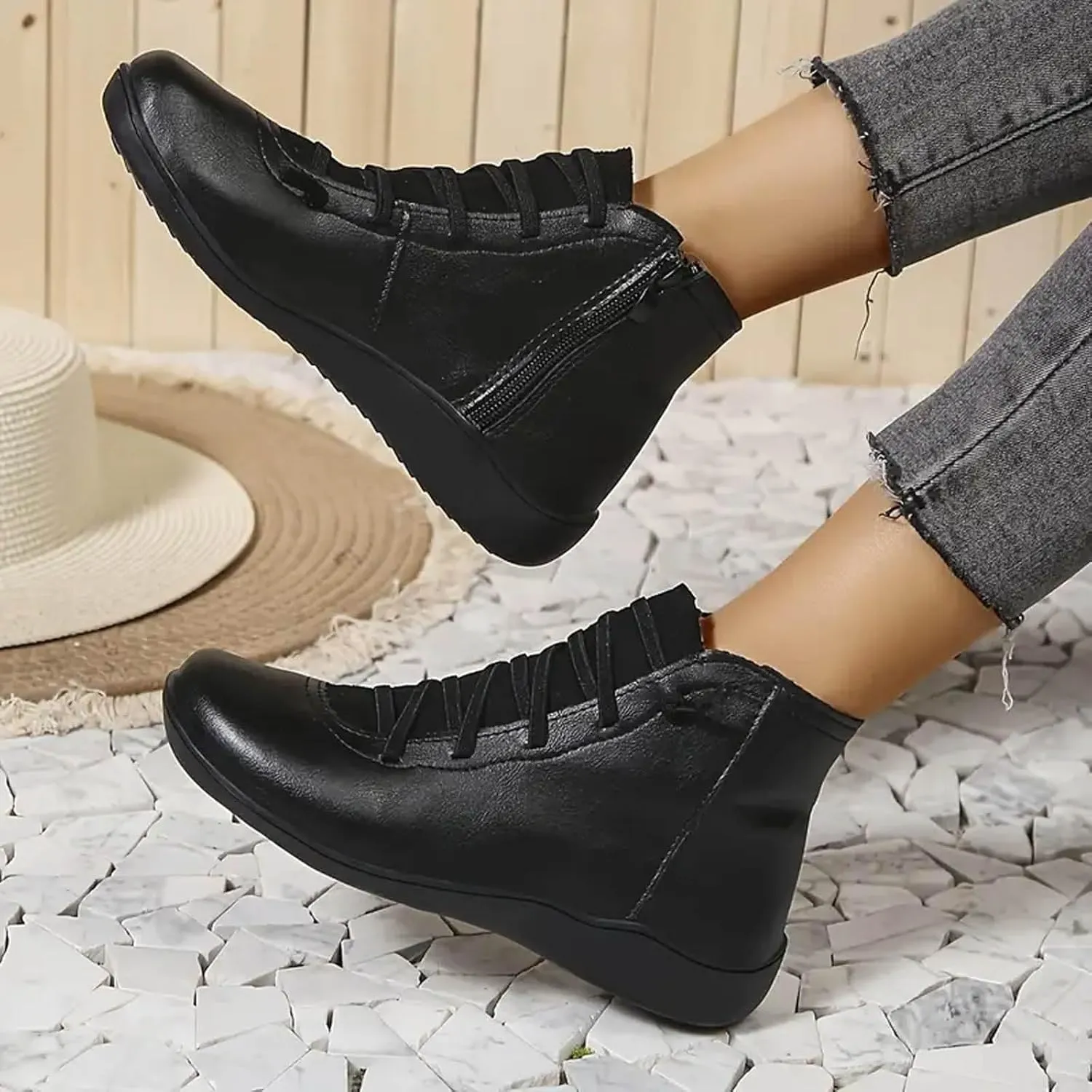Fall Boots Womens Ankle Boots Arch Support Flat Heel Fashion Lace Up Zipper Booties Cowboy Walking Short Bootie