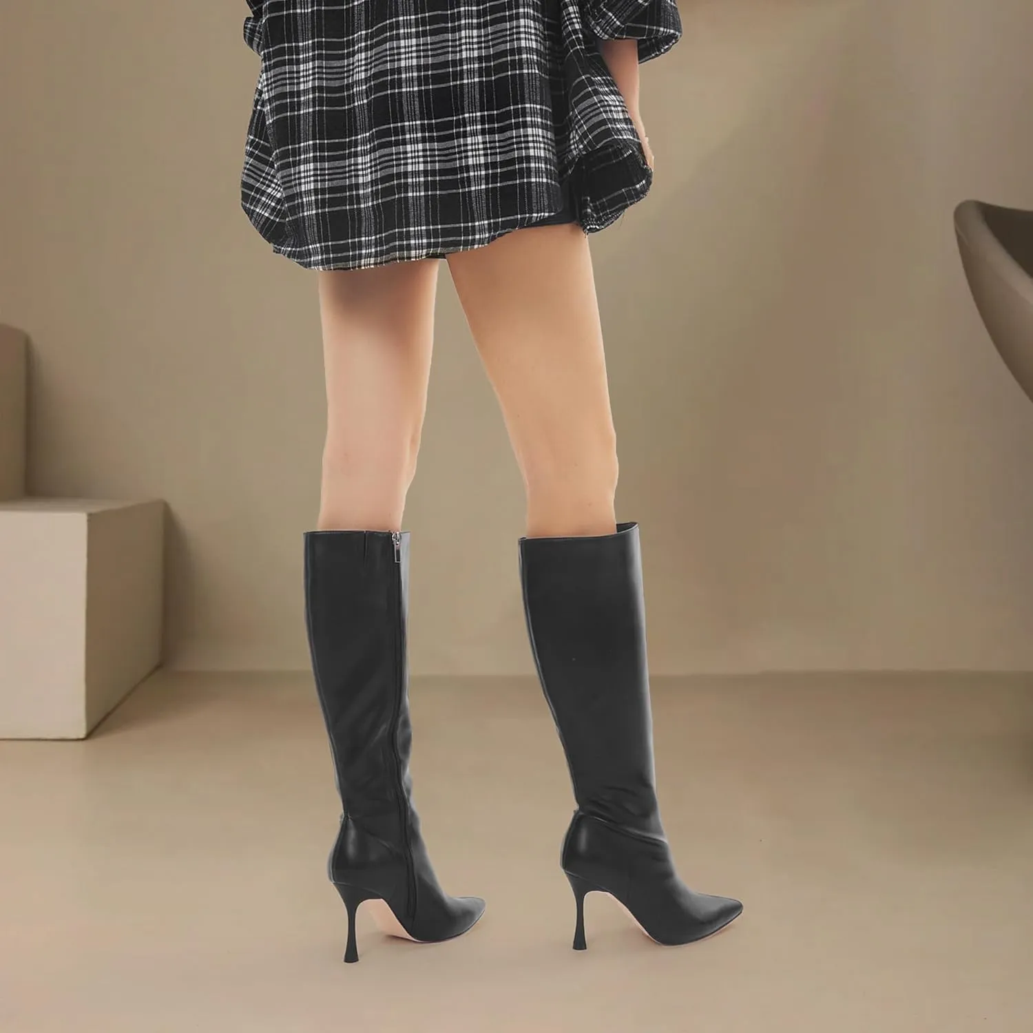 GENSHUO Knee High Heel Boots for Women Elegant Pointed Toe Stiletto Boots Trendy Side Zipper Womens Heel Stylish and Sexy Design