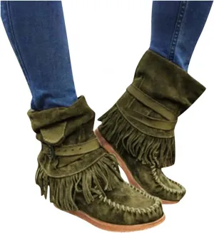 Gibobby Women Boots Mid Knee High Boots Low Heel Fringe Side Zipper Fashion Winter Shoes Cowboy Booties