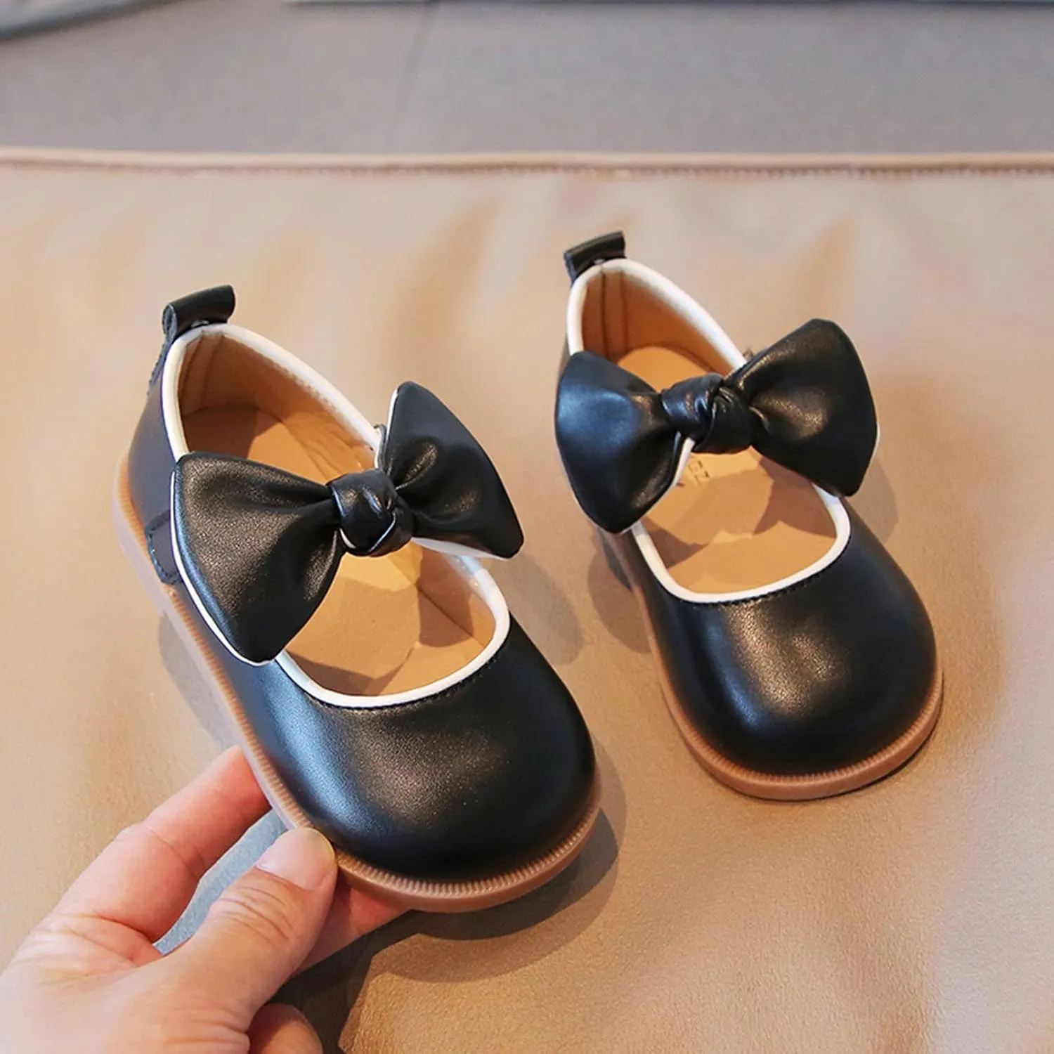 Girls Black Dress Shoes,Fashion Autumn Girls Casual Shoes Thick Sole Flat Round Toe Bow Lightweight Dress Shoes